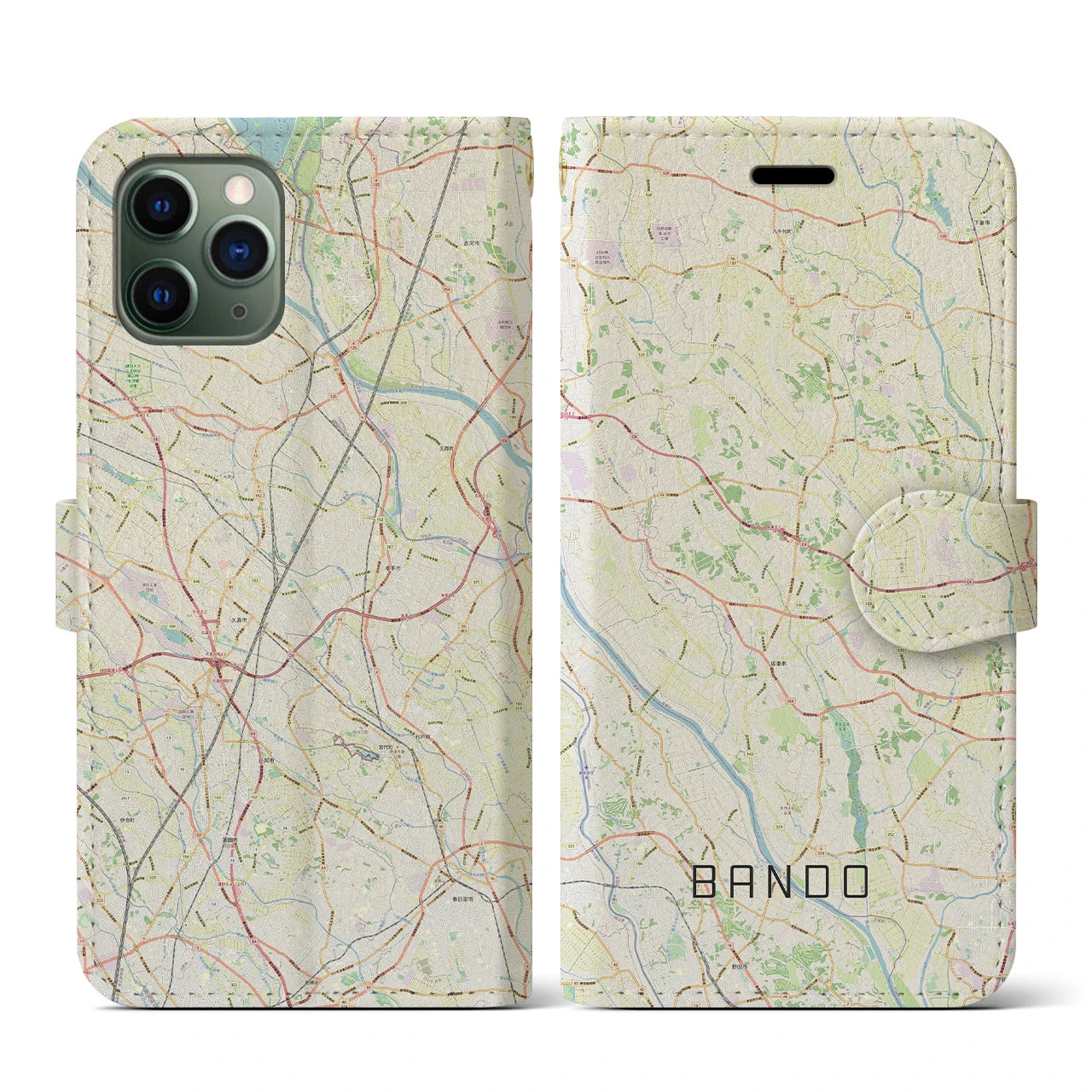 【坂東(茨城県)】地図柄iPhoneケース(手帳タイプ)ナチュラル・iPhone 11 Pro 用