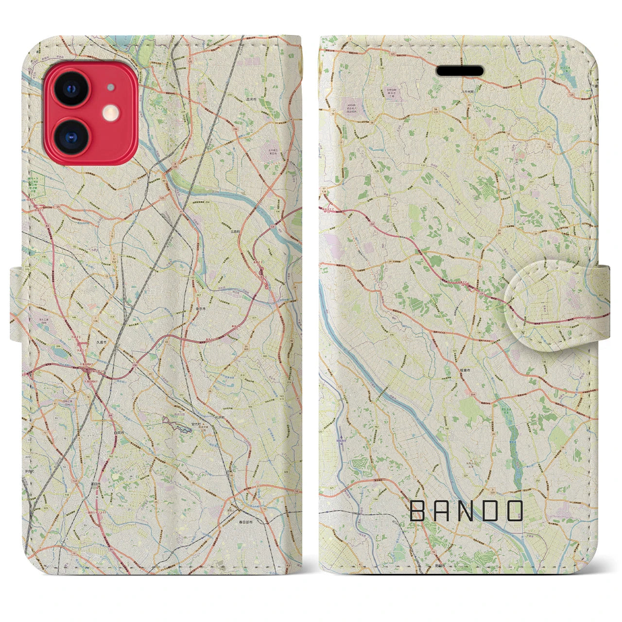 【坂東(茨城県)】地図柄iPhoneケース(手帳タイプ)ナチュラル・iPhone 11 用