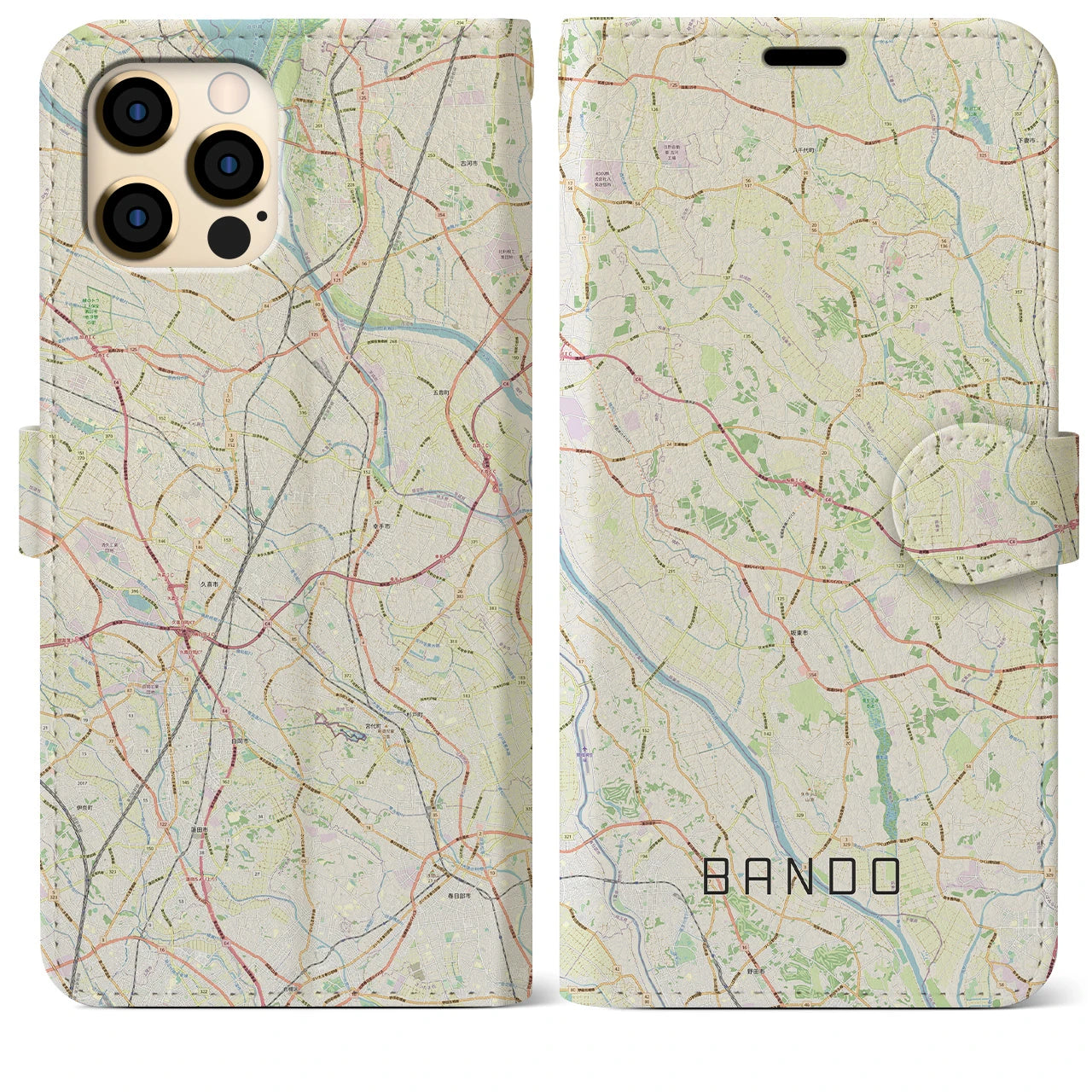 【坂東(茨城県)】地図柄iPhoneケース(手帳タイプ)ナチュラル・iPhone 12 Pro Max 用