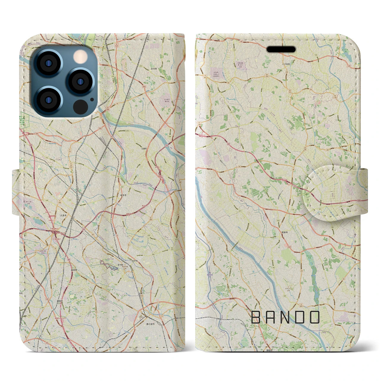 【坂東(茨城県)】地図柄iPhoneケース(手帳タイプ)ナチュラル・iPhone 12 / 12 Pro 用