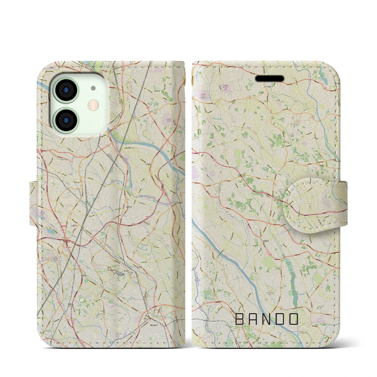 【坂東(茨城県)】地図柄iPhoneケース(手帳タイプ)ナチュラル・iPhone 12 mini 用
