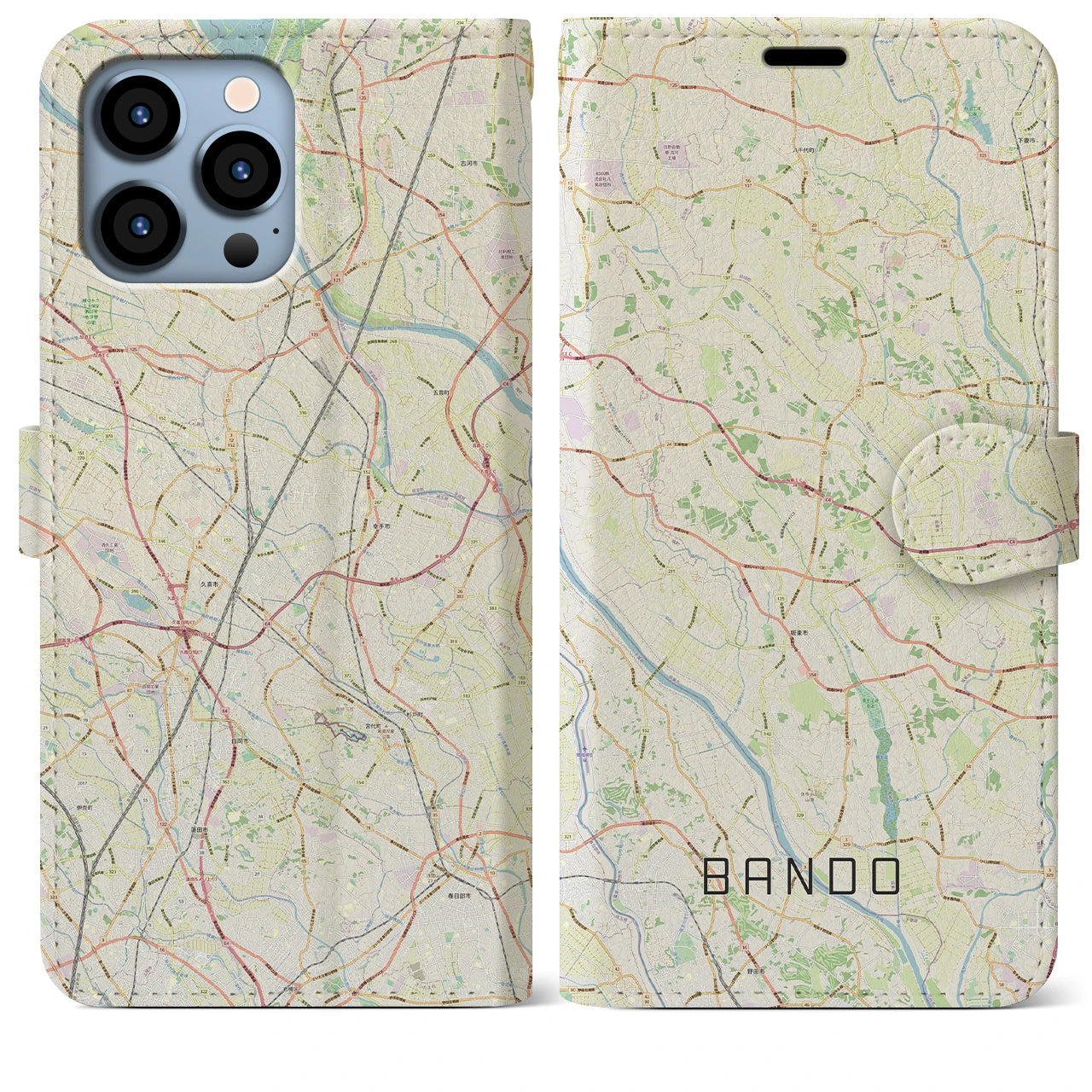 【坂東(茨城県)】地図柄iPhoneケース(手帳タイプ)ナチュラル・iPhone 13 Pro Max 用