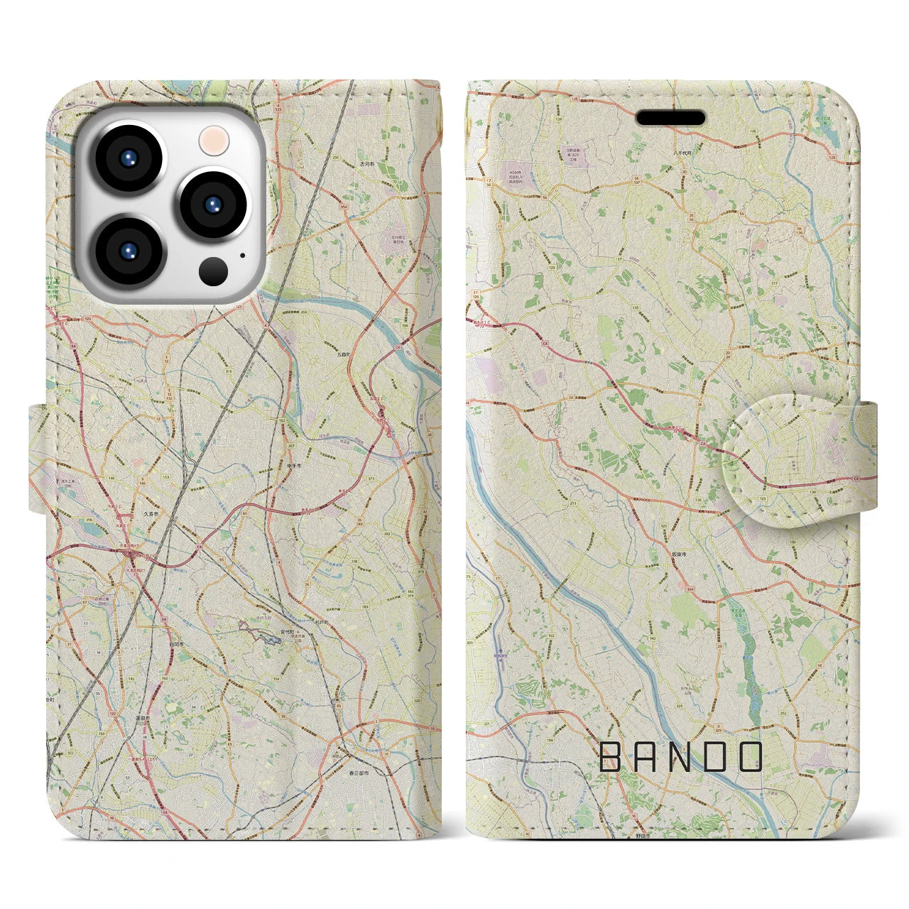 【坂東(茨城県)】地図柄iPhoneケース(手帳タイプ)ナチュラル・iPhone 13 Pro 用