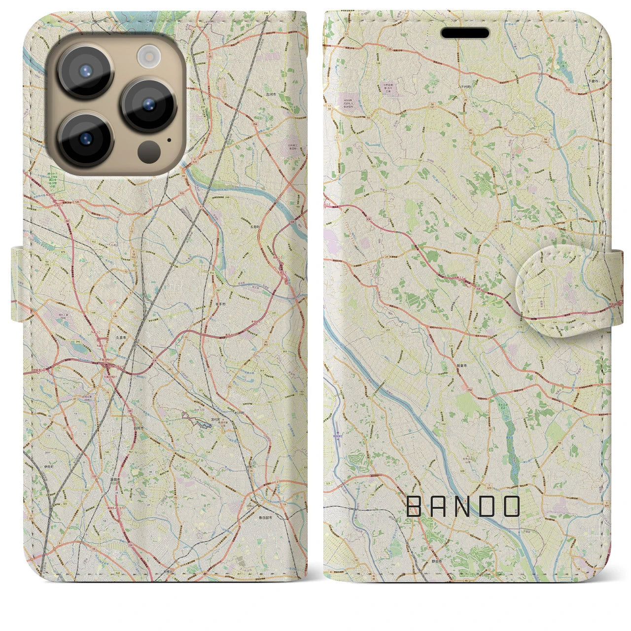 【坂東(茨城県)】地図柄iPhoneケース(手帳タイプ)ナチュラル・iPhone 14 Pro Max 用