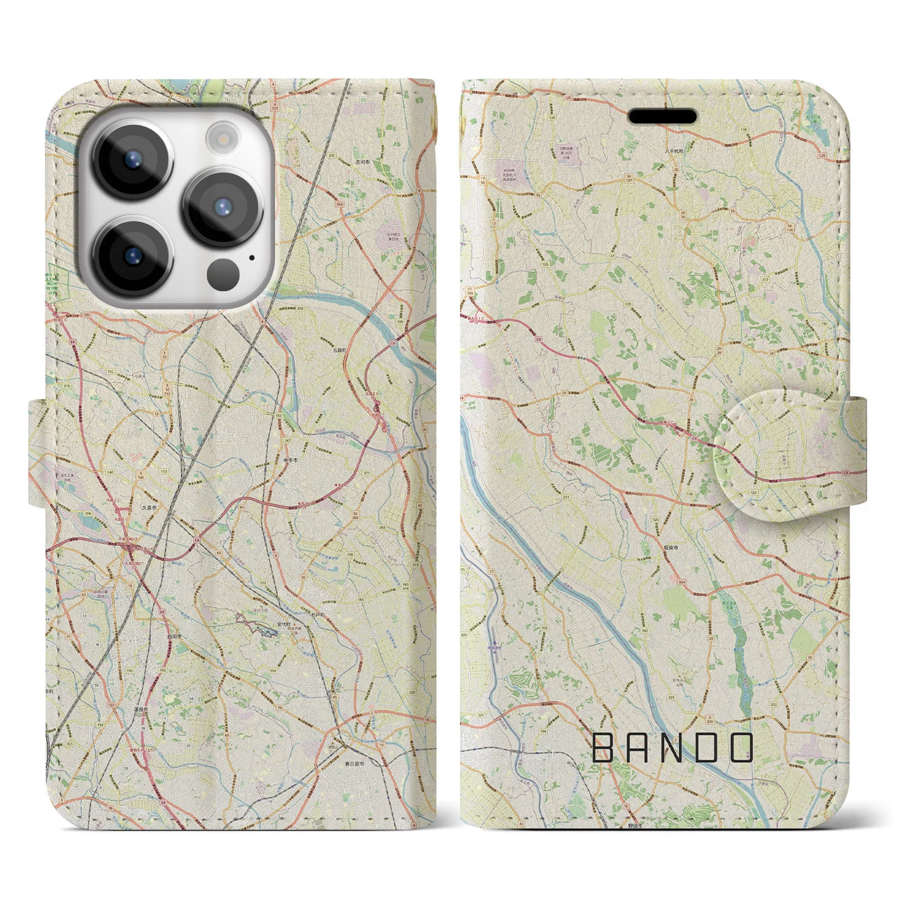 【坂東(茨城県)】地図柄iPhoneケース(手帳タイプ)ナチュラル・iPhone 14 Pro 用