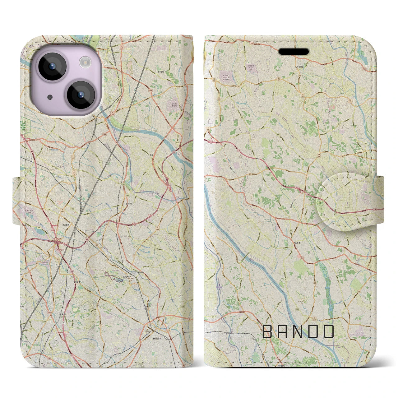 【坂東(茨城県)】地図柄iPhoneケース(手帳タイプ)ナチュラル・iPhone 14 用