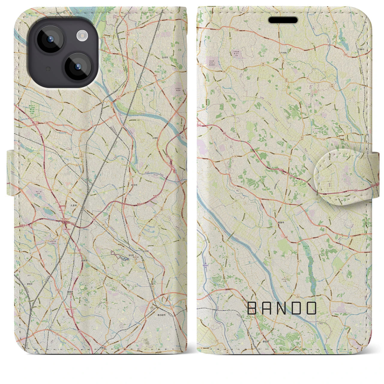【坂東(茨城県)】地図柄iPhoneケース(手帳タイプ)ナチュラル・iPhone 14 Plus 用