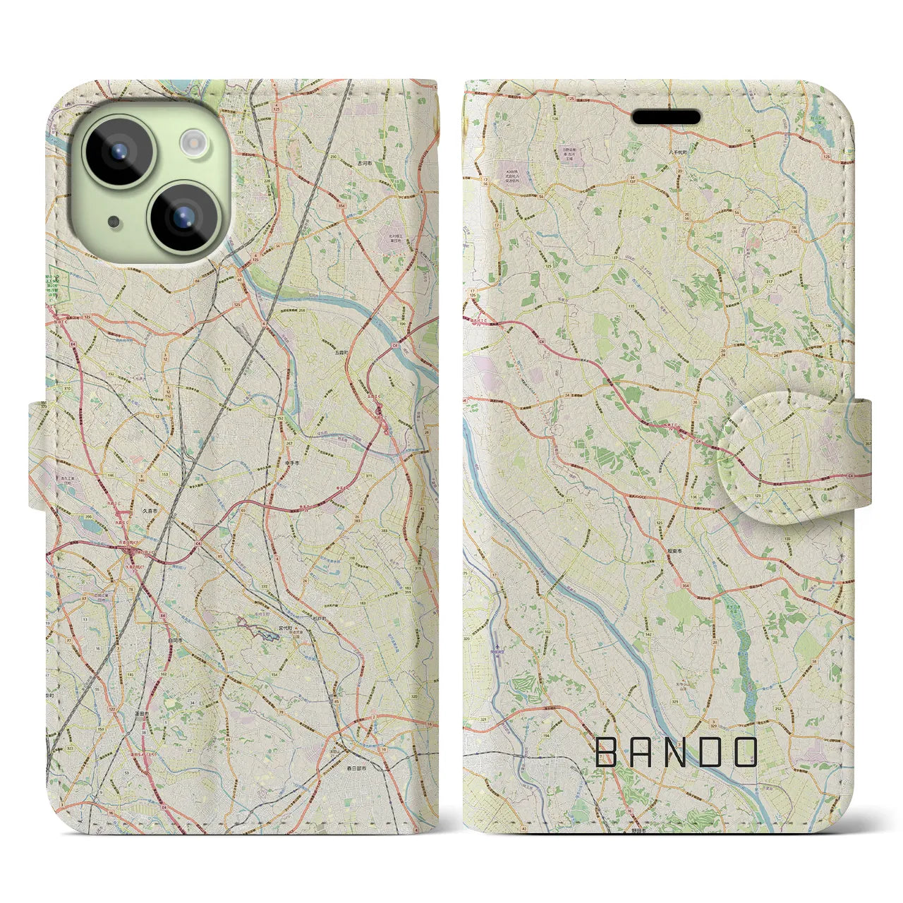 【坂東(茨城県)】地図柄iPhoneケース(手帳タイプ)ナチュラル・iPhone 15 用