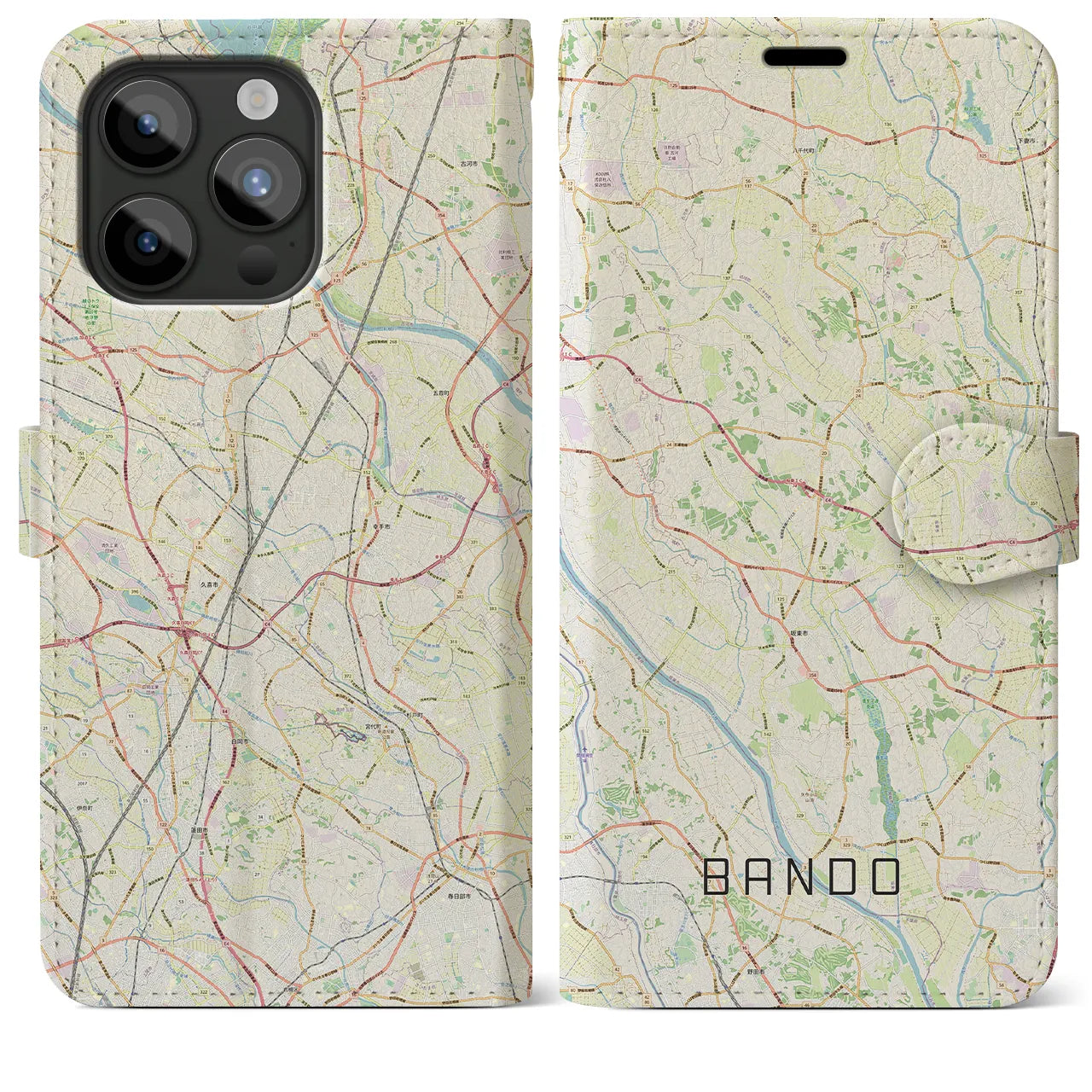 【坂東(茨城県)】地図柄iPhoneケース(手帳タイプ)ナチュラル・iPhone 15 Pro Max 用