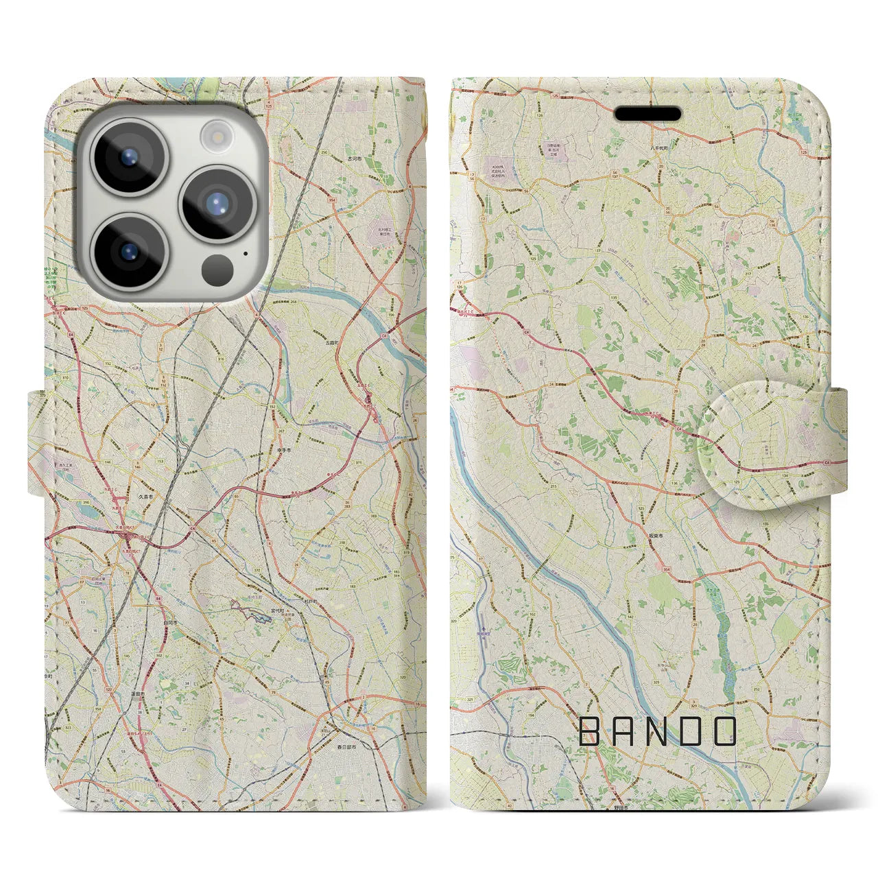 【坂東(茨城県)】地図柄iPhoneケース(手帳タイプ)ナチュラル・iPhone 15 Pro 用
