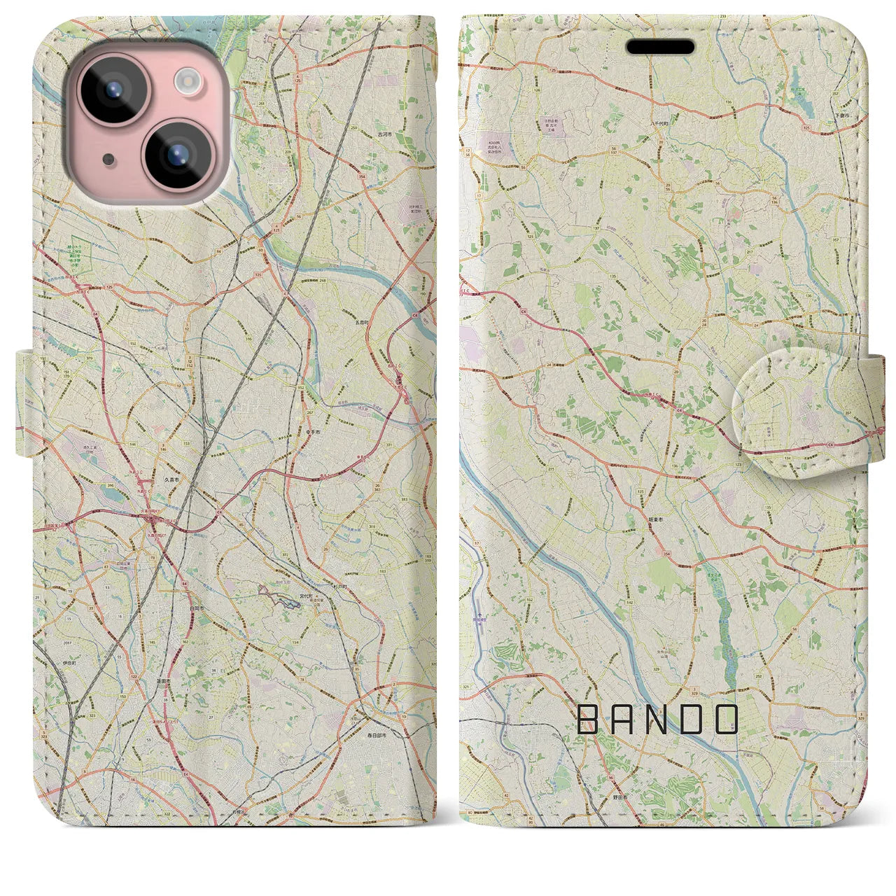 【坂東(茨城県)】地図柄iPhoneケース(手帳タイプ)ナチュラル・iPhone 15 Plus 用