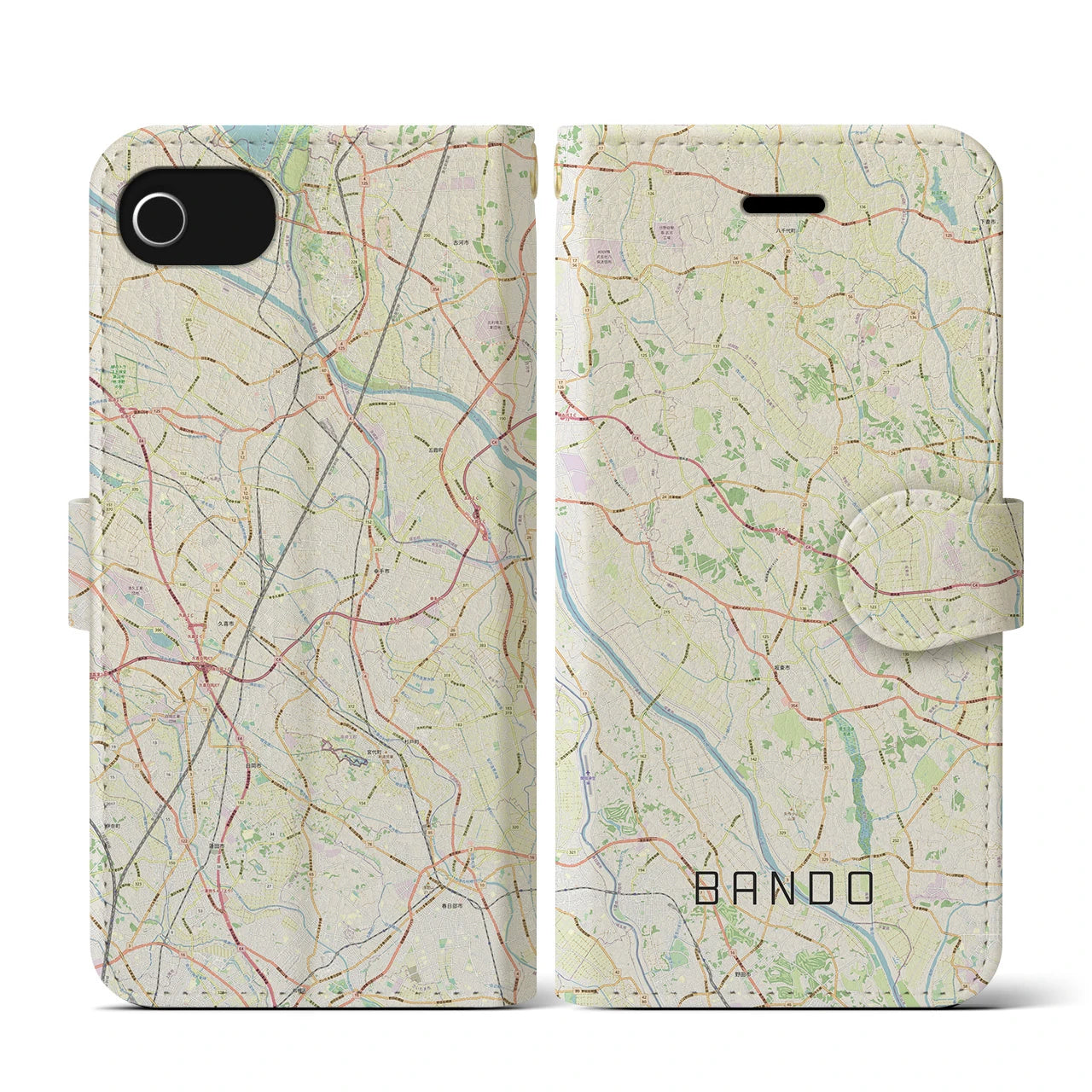 【坂東(茨城県)】地図柄iPhoneケース(手帳タイプ)ナチュラル・iPhone SE(第3 / 第2世代) / 8 / 7 / 6s / 6 用