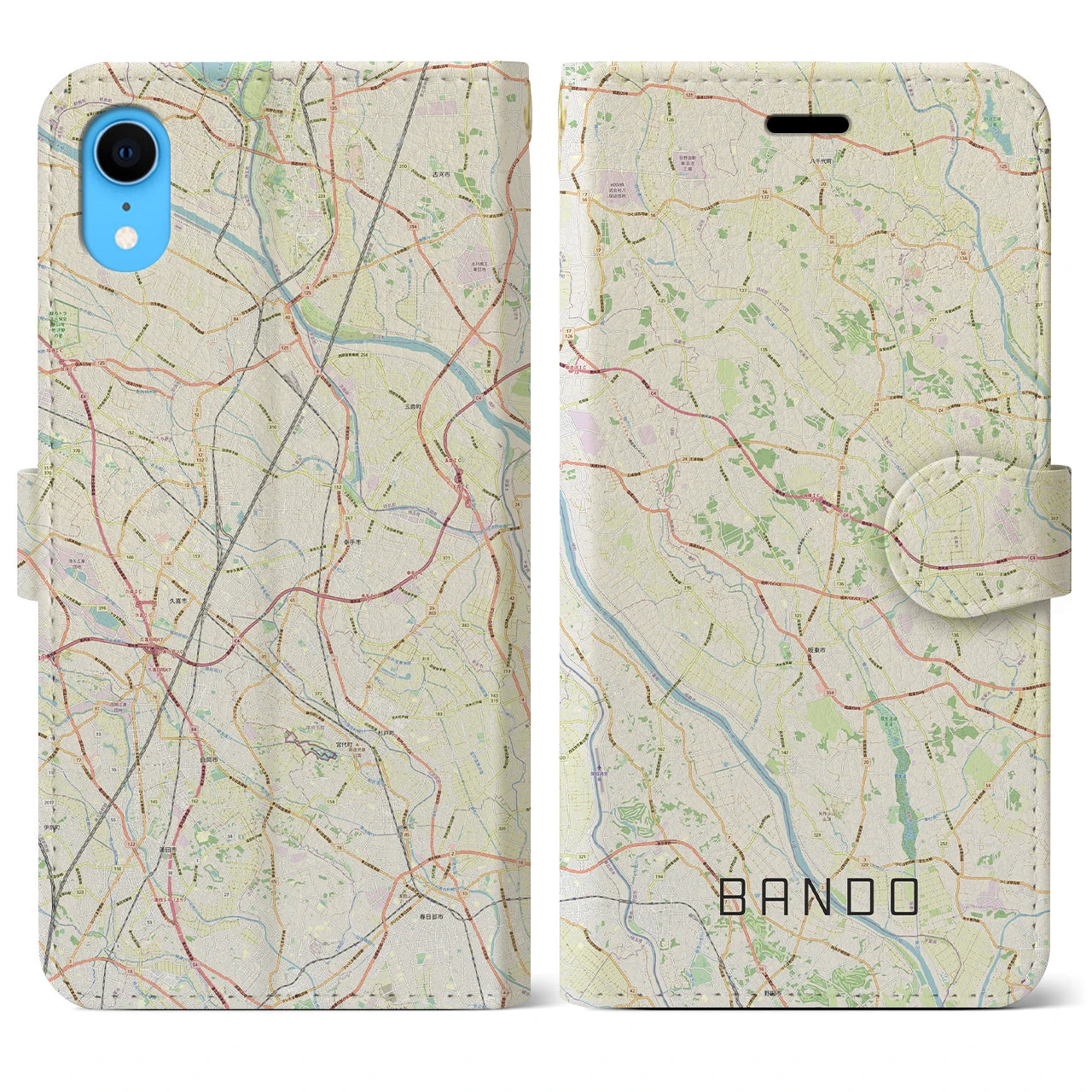 【坂東(茨城県)】地図柄iPhoneケース(手帳タイプ)ナチュラル・iPhone XR 用