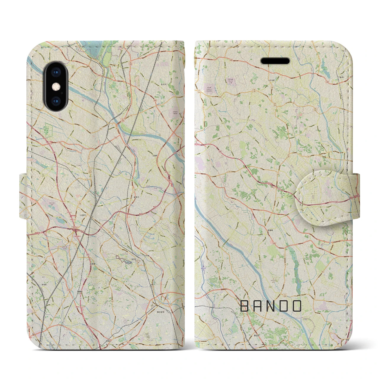 【坂東(茨城県)】地図柄iPhoneケース(手帳タイプ)ナチュラル・iPhone XS / X 用