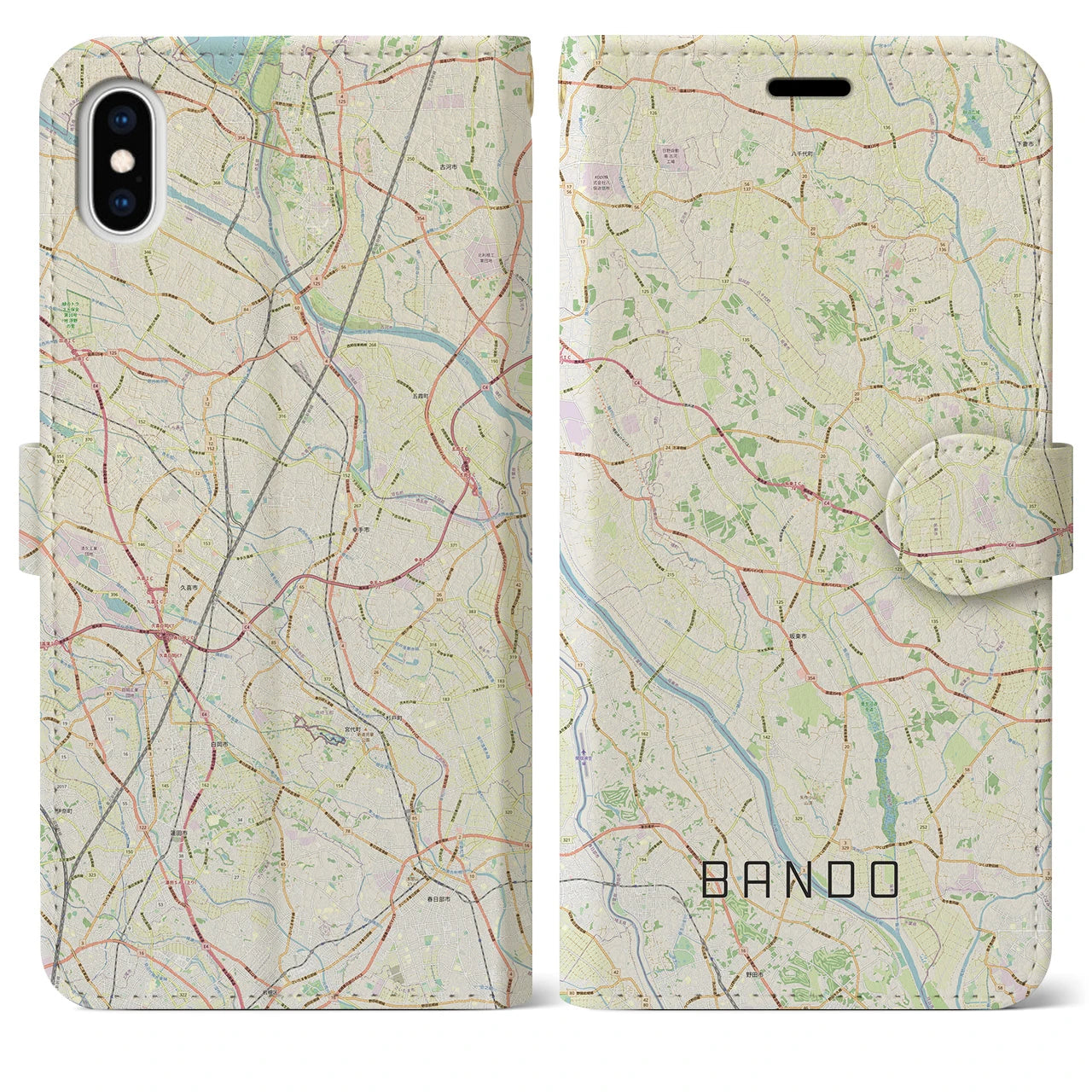 【坂東(茨城県)】地図柄iPhoneケース(手帳タイプ)ナチュラル・iPhone XS Max 用