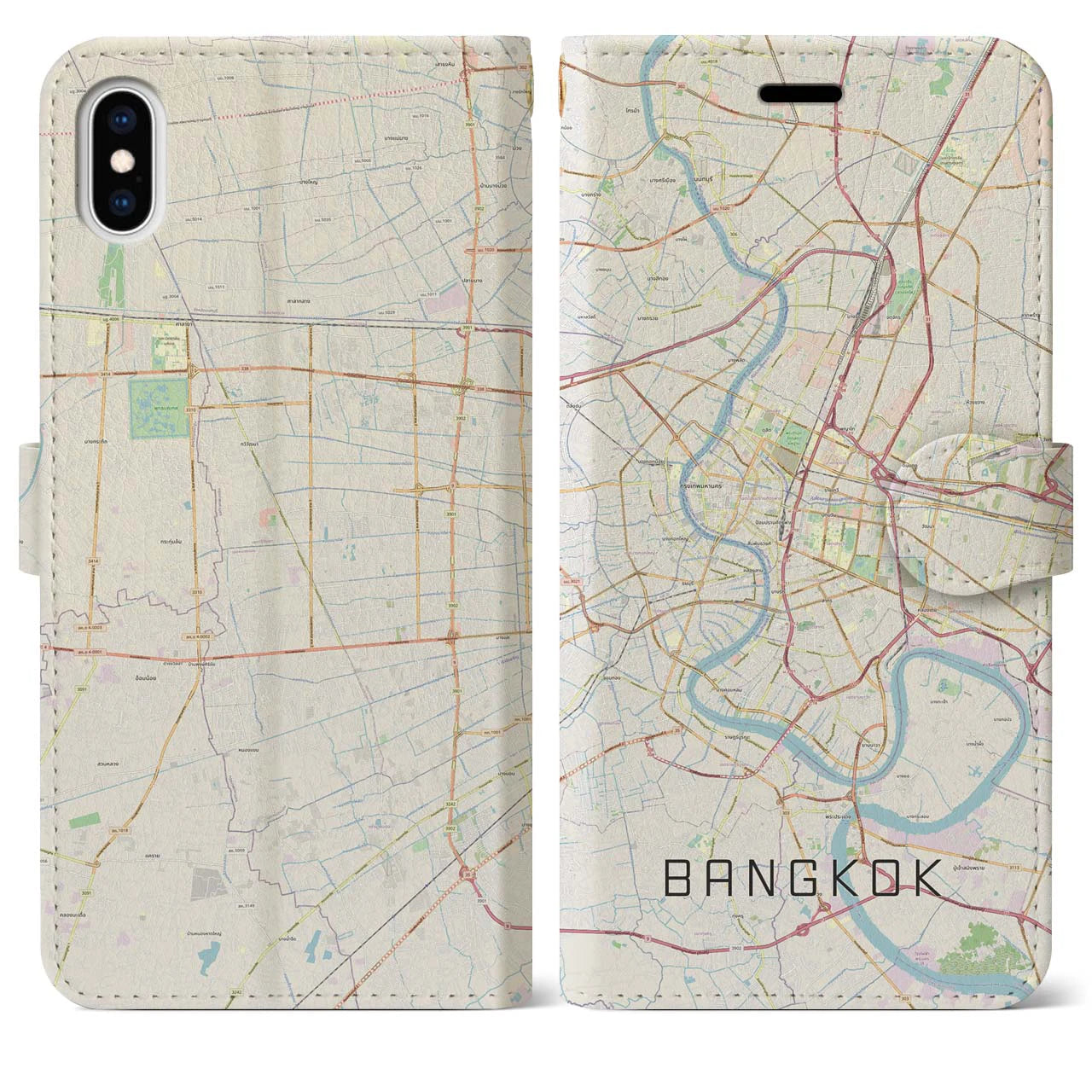【バンコク(タイ)】地図柄iPhoneケース(手帳タイプ)ナチュラル・iPhone XS Max 用