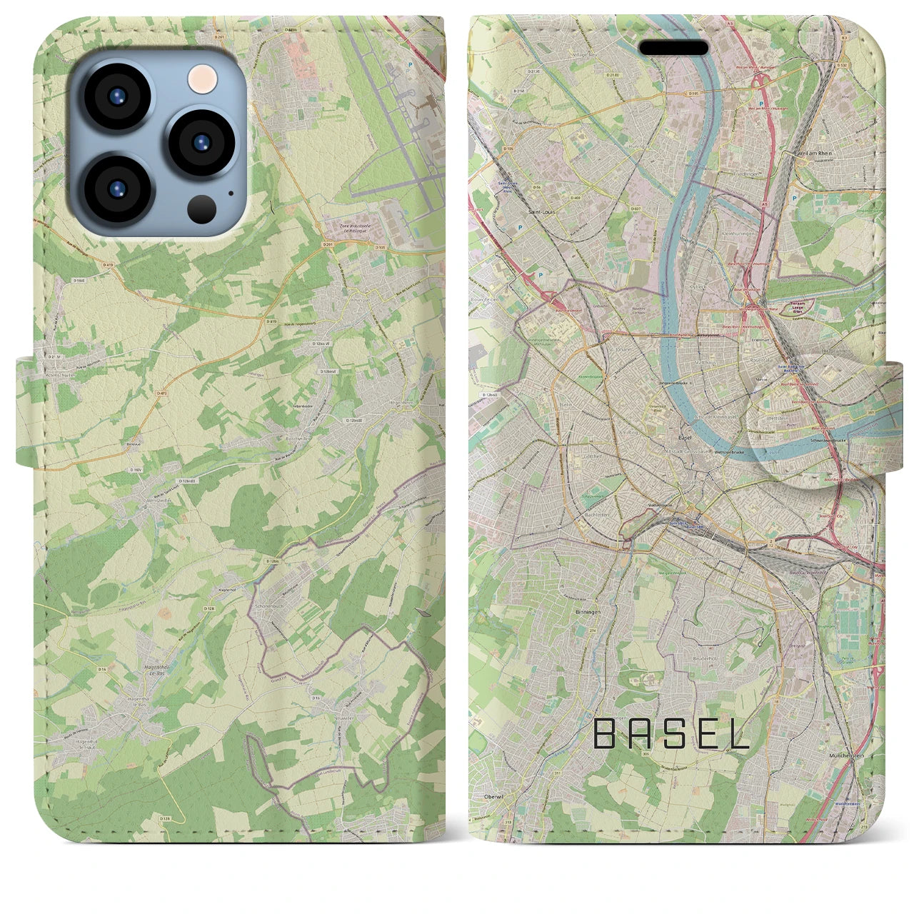 【バーゼル(スイス)】地図柄iPhoneケース(手帳タイプ)ナチュラル・iPhone 13 Pro Max 用