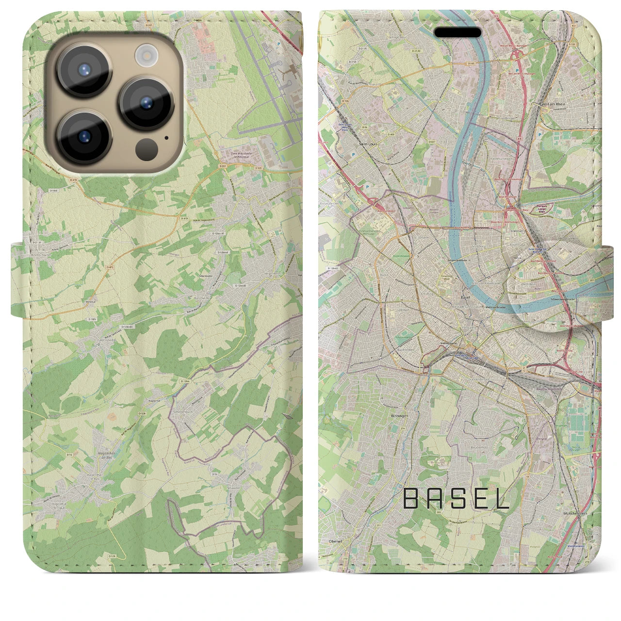 【バーゼル(スイス)】地図柄iPhoneケース(手帳タイプ)ナチュラル・iPhone 14 Pro Max 用