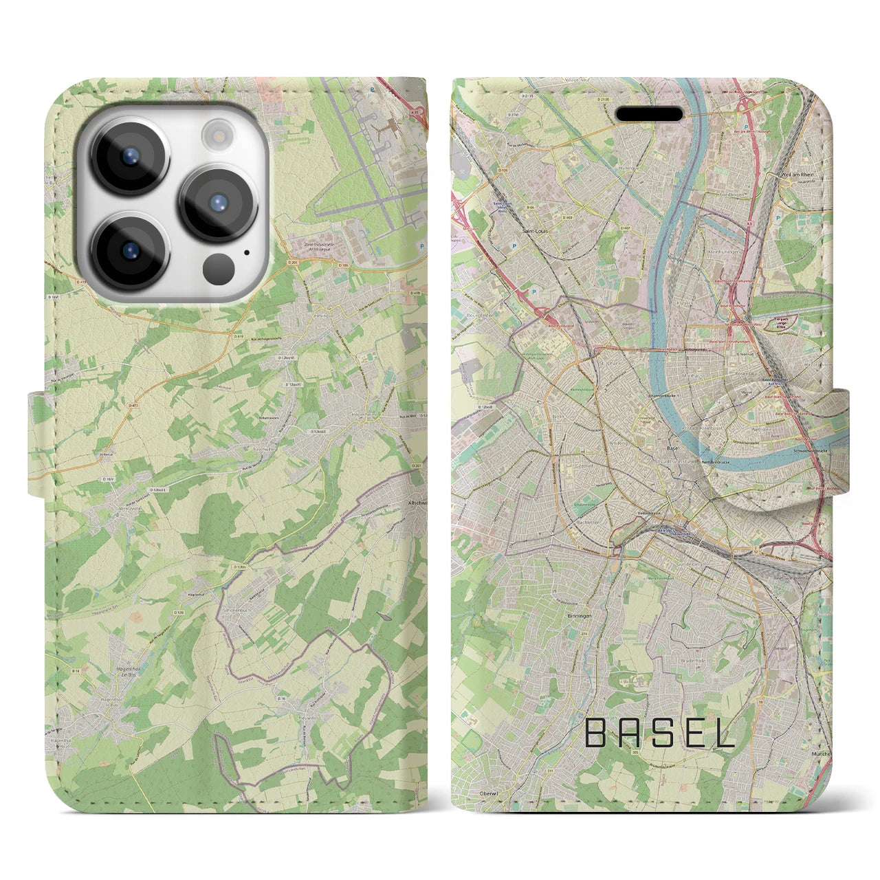 【バーゼル(スイス)】地図柄iPhoneケース(手帳タイプ)ナチュラル・iPhone 14 Pro 用
