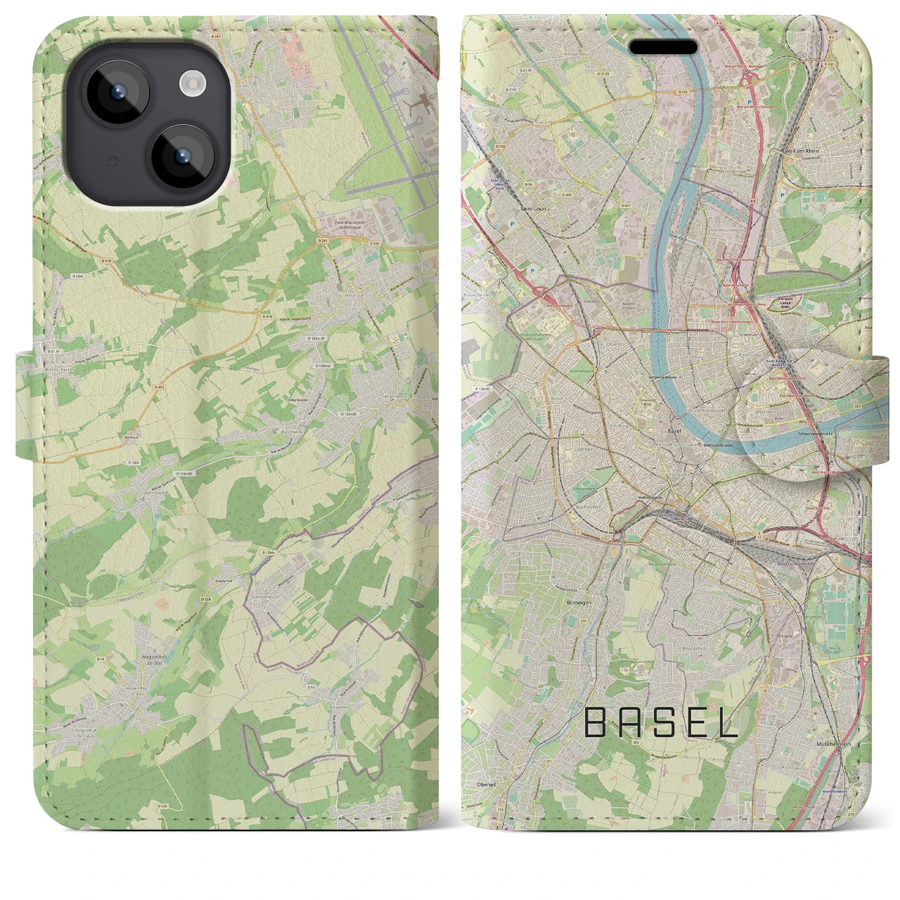 【バーゼル(スイス)】地図柄iPhoneケース(手帳タイプ)ナチュラル・iPhone 14 Plus 用