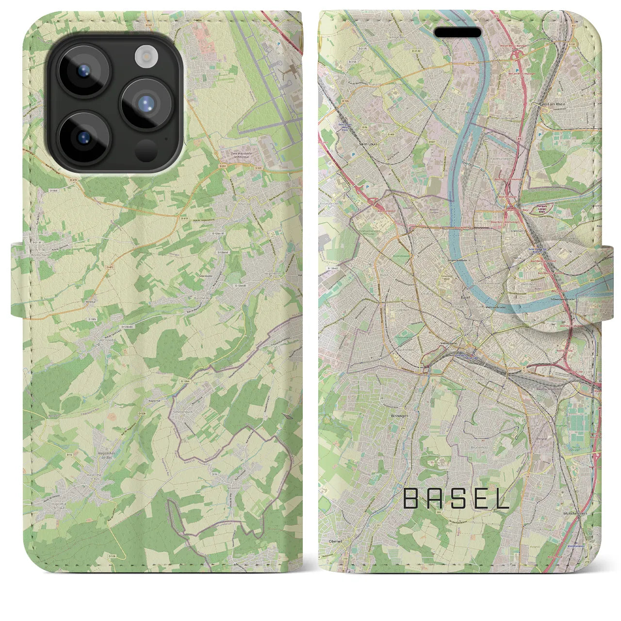 【バーゼル(スイス)】地図柄iPhoneケース(手帳タイプ)ナチュラル・iPhone 15 Pro Max 用