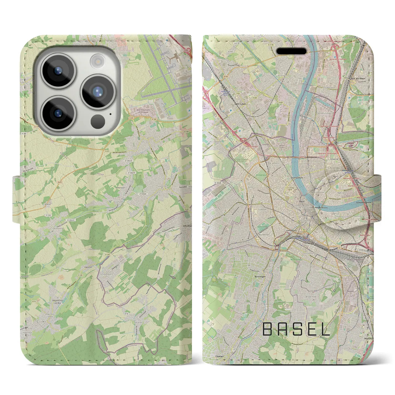 【バーゼル(スイス)】地図柄iPhoneケース(手帳タイプ)ナチュラル・iPhone 15 Pro 用