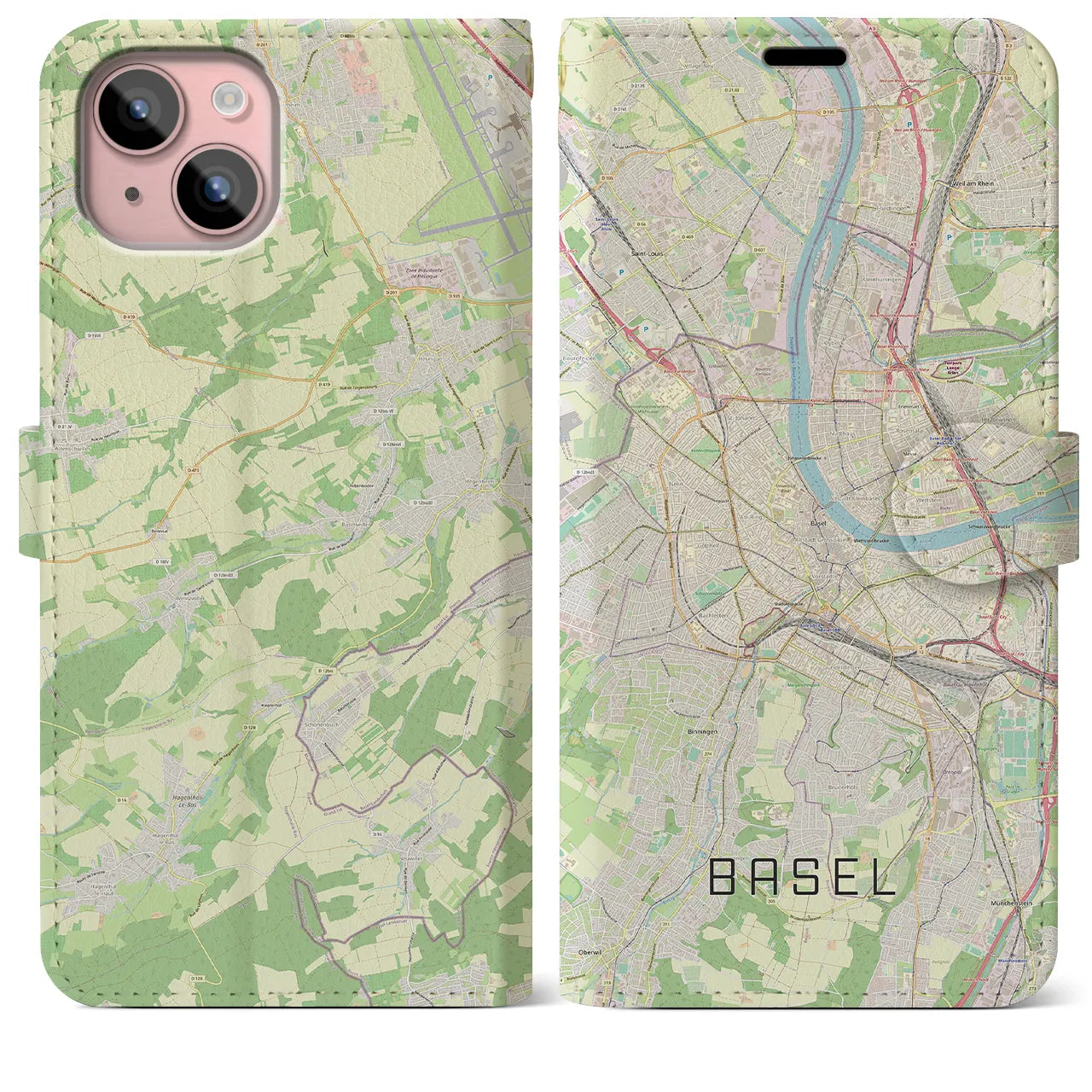 【バーゼル(スイス)】地図柄iPhoneケース(手帳タイプ)ナチュラル・iPhone 15 Plus 用