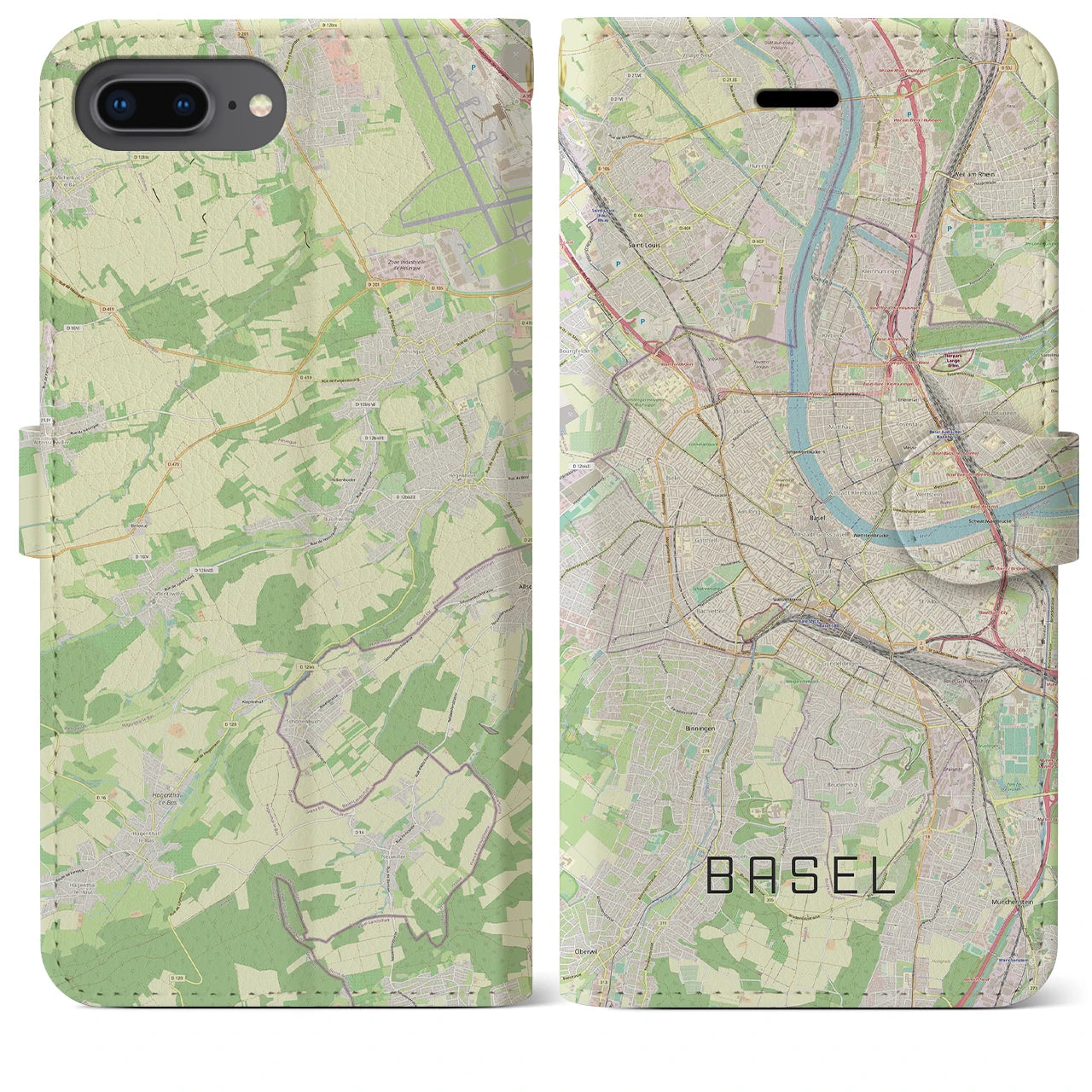 【バーゼル(スイス)】地図柄iPhoneケース(手帳タイプ)ナチュラル・iPhone 8Plus /7Plus / 6sPlus / 6Plus 用