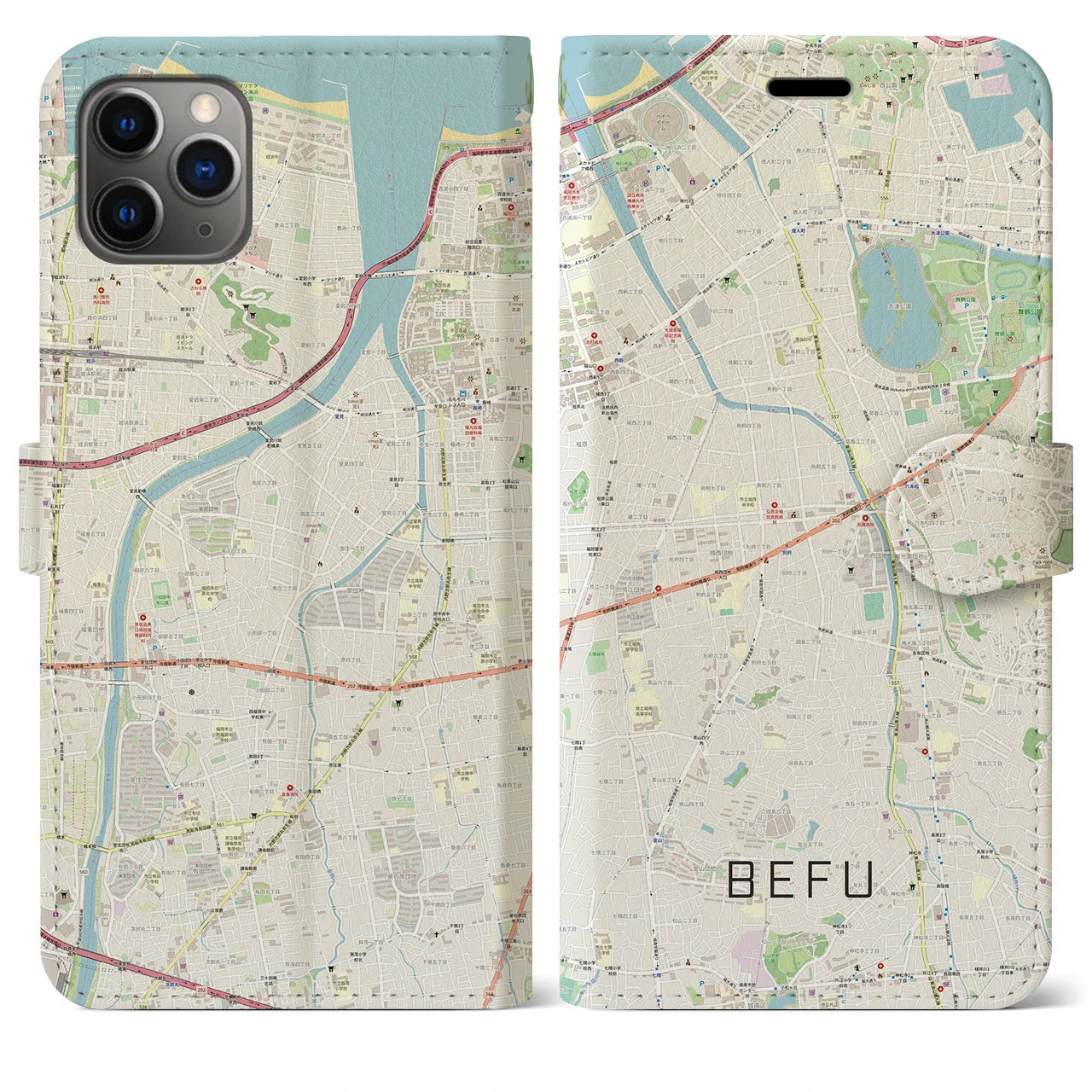 【別府(福岡県)】地図柄iPhoneケース(手帳タイプ)ナチュラル・iPhone 11 Pro Max 用