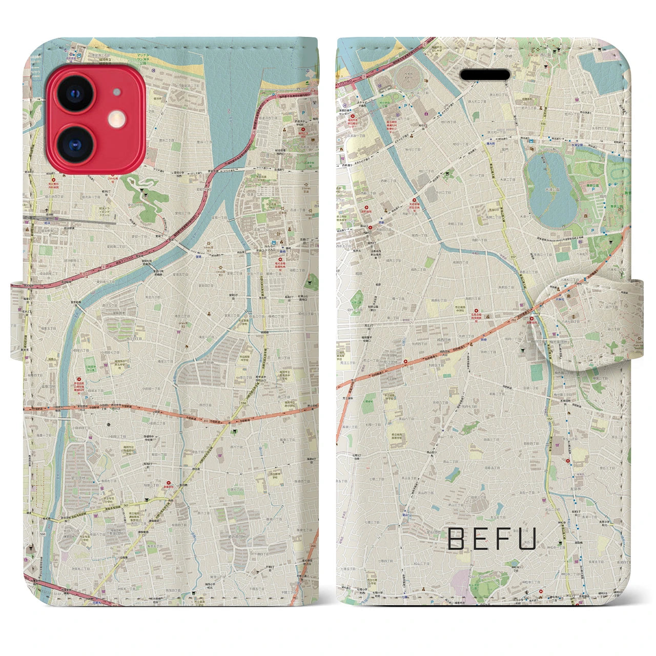 【別府(福岡県)】地図柄iPhoneケース(手帳タイプ)ナチュラル・iPhone 11 用
