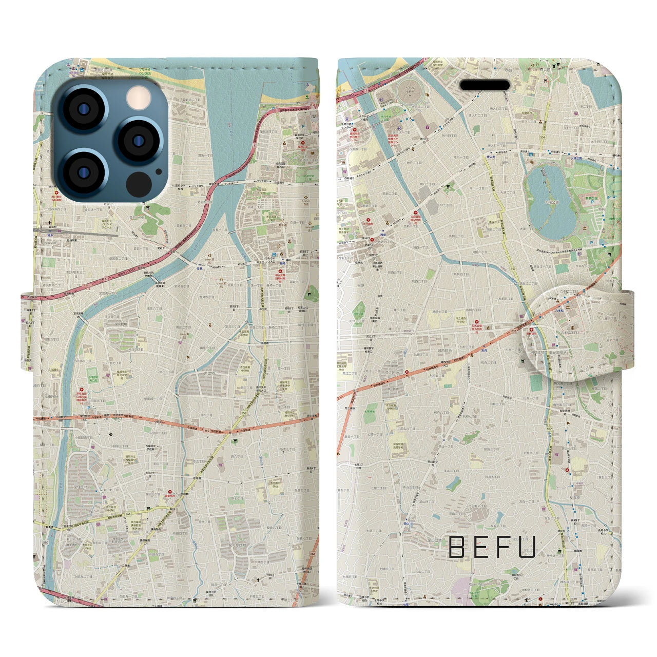 【別府(福岡県)】地図柄iPhoneケース(手帳タイプ)ナチュラル・iPhone 12 / 12 Pro 用