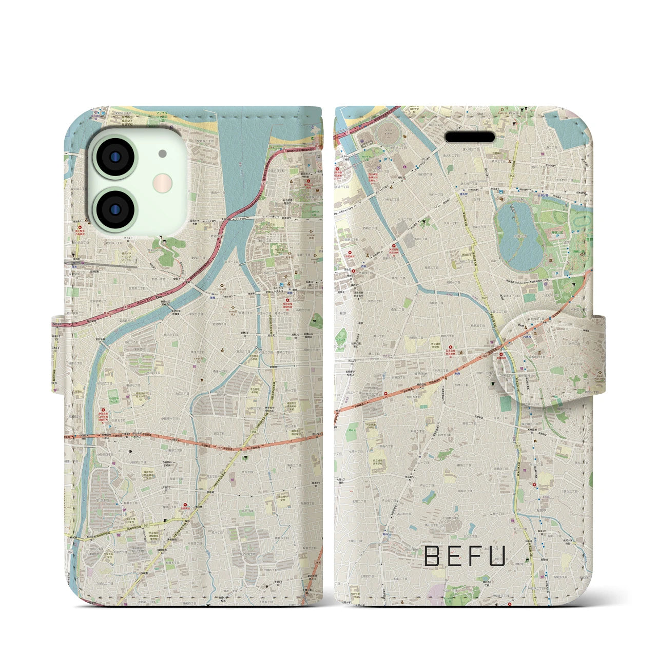 【別府(福岡県)】地図柄iPhoneケース(手帳タイプ)ナチュラル・iPhone 12 mini 用