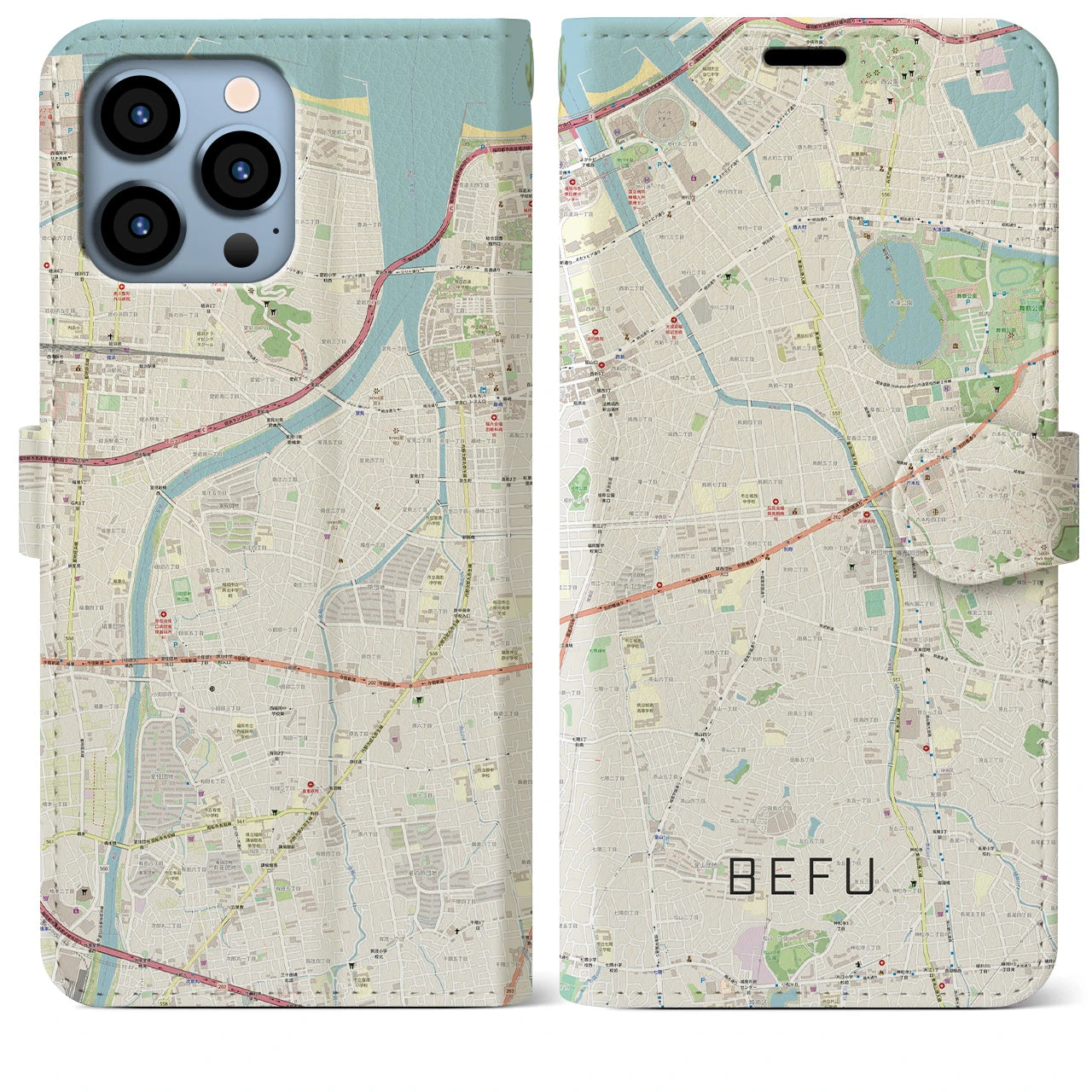 【別府(福岡県)】地図柄iPhoneケース(手帳タイプ)ナチュラル・iPhone 13 Pro Max 用