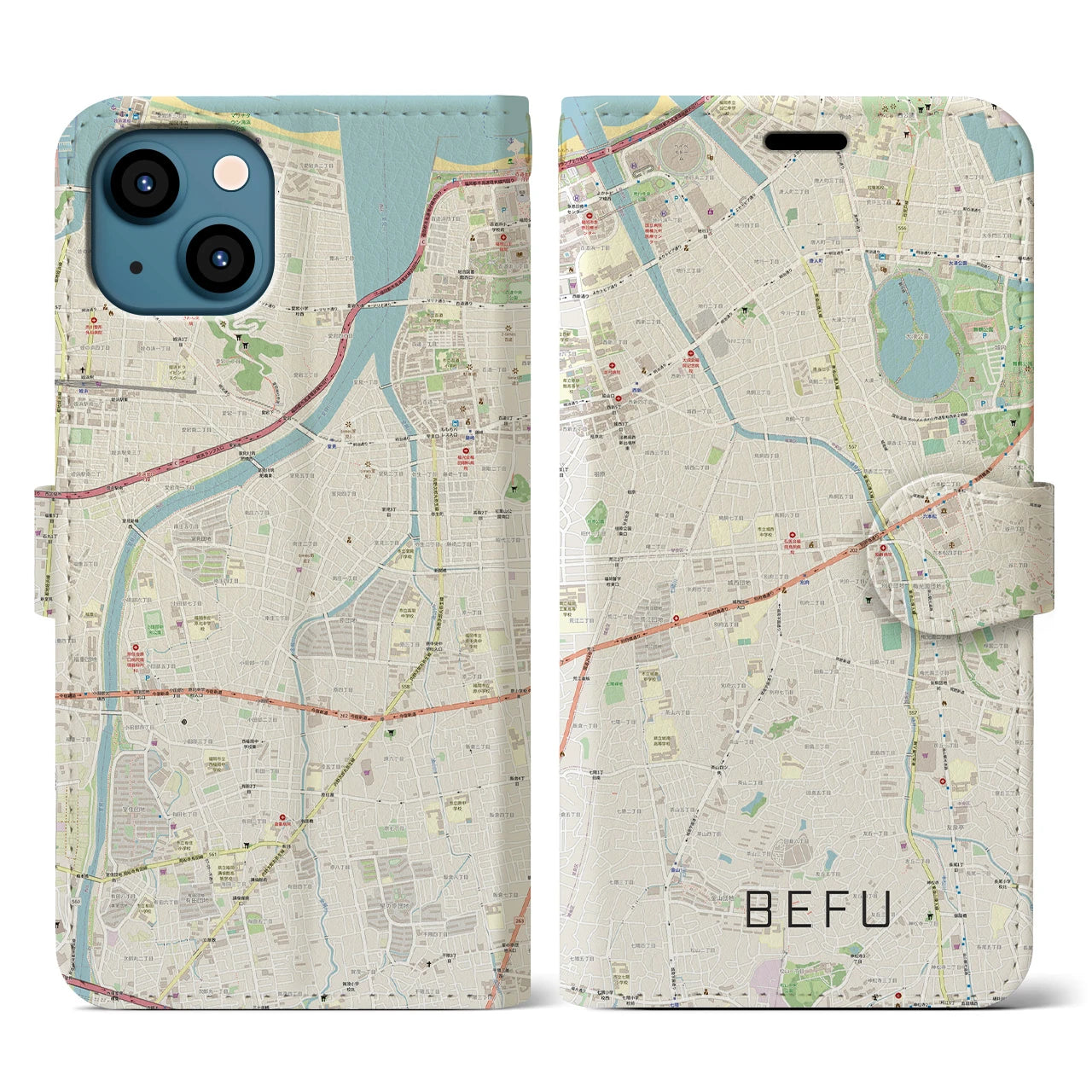 【別府(福岡県)】地図柄iPhoneケース(手帳タイプ)ナチュラル・iPhone 13 用