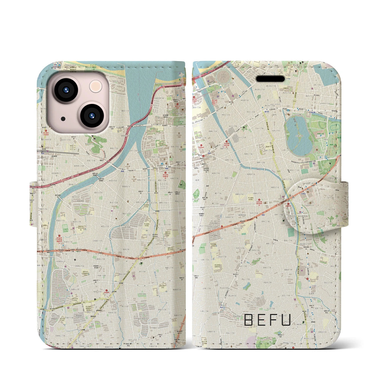 【別府(福岡県)】地図柄iPhoneケース(手帳タイプ)ナチュラル・iPhone 13 mini 用