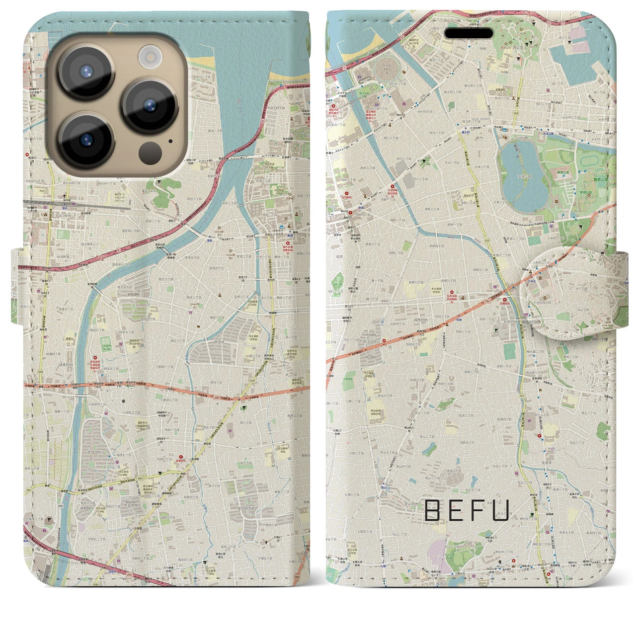 【別府(福岡県)】地図柄iPhoneケース(手帳タイプ)ナチュラル・iPhone 14 Pro Max 用