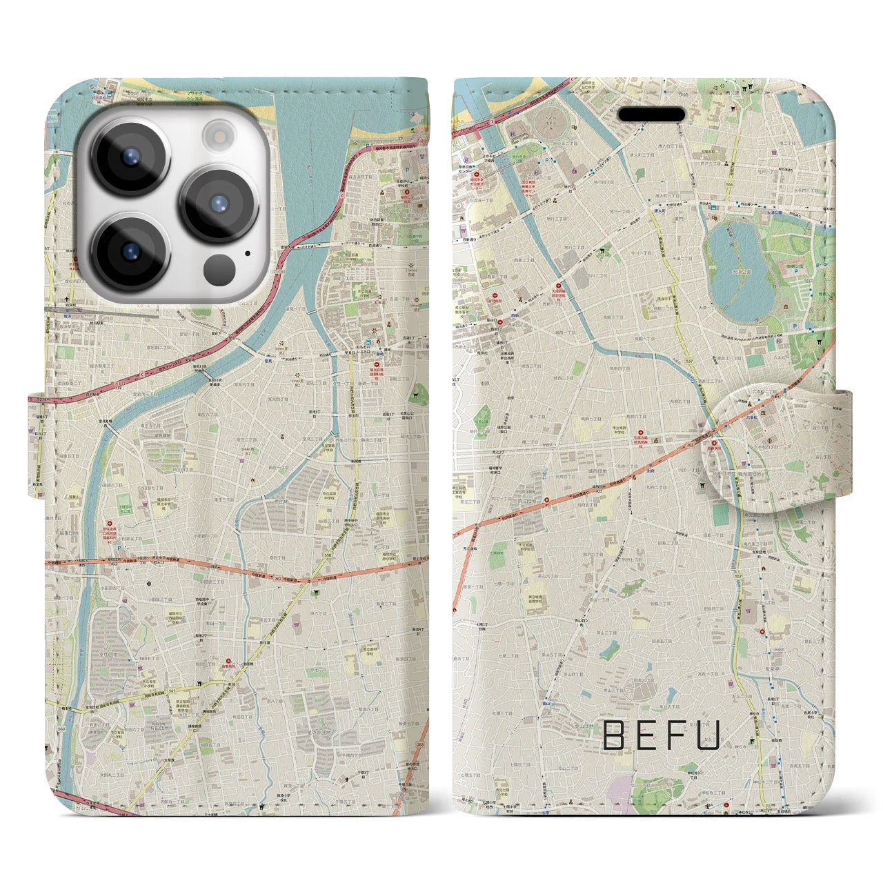 【別府(福岡県)】地図柄iPhoneケース(手帳タイプ)ナチュラル・iPhone 14 Pro 用