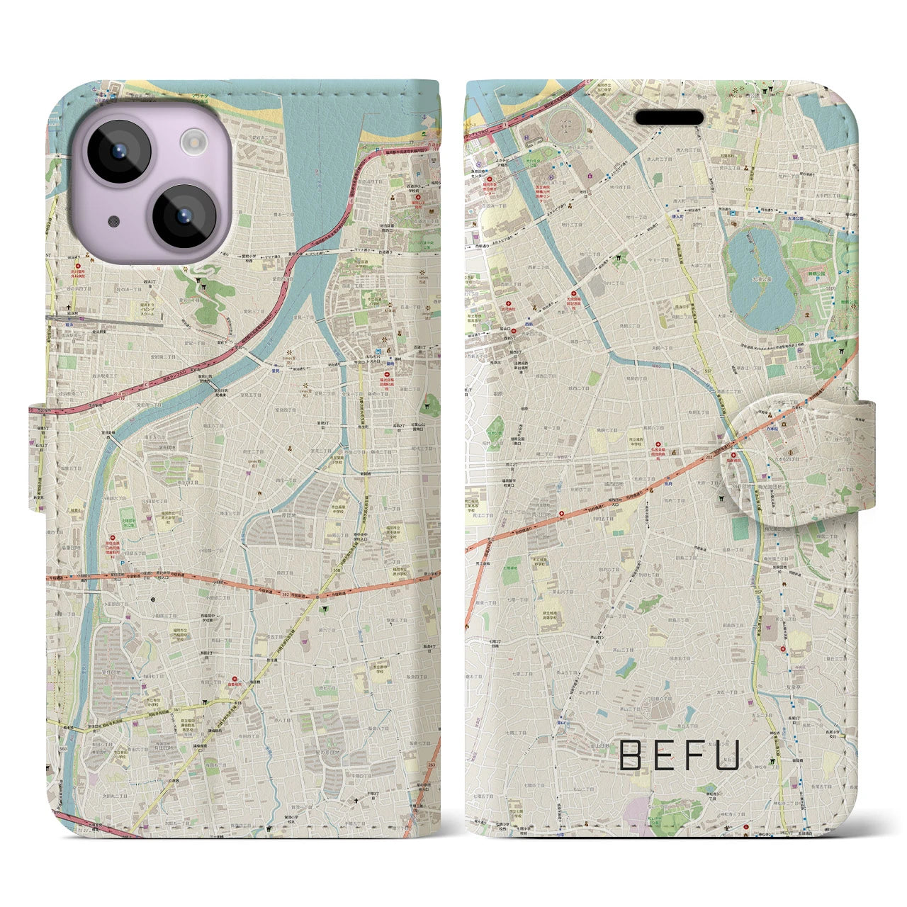 【別府(福岡県)】地図柄iPhoneケース(手帳タイプ)ナチュラル・iPhone 14 用