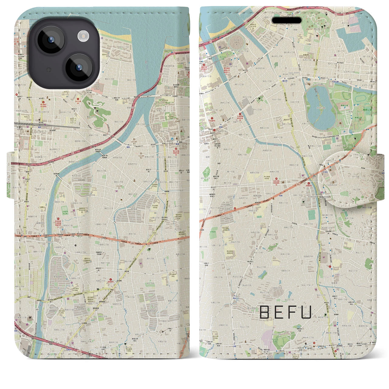 【別府(福岡県)】地図柄iPhoneケース(手帳タイプ)ナチュラル・iPhone 14 Plus 用