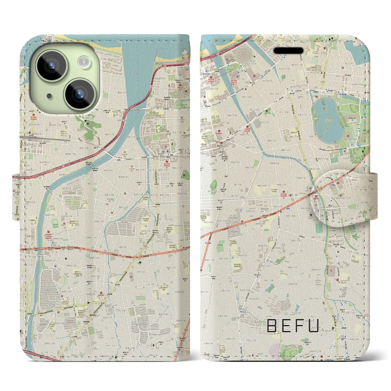 【別府(福岡県)】地図柄iPhoneケース(手帳タイプ)ナチュラル・iPhone 15 用