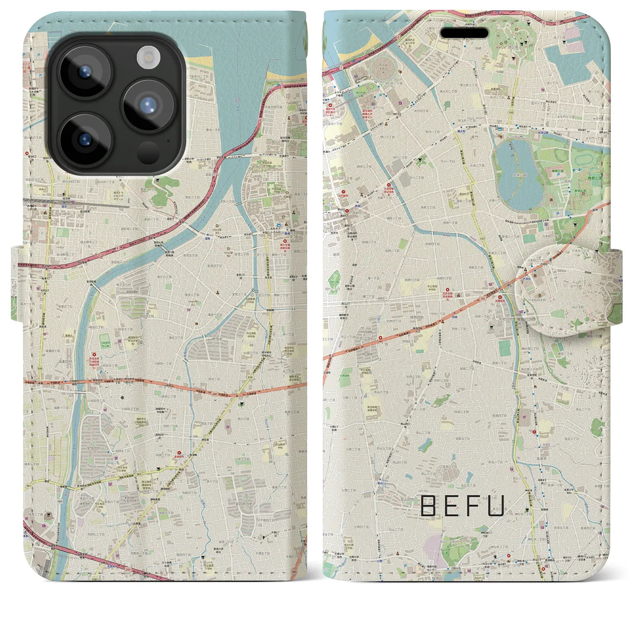 【別府(福岡県)】地図柄iPhoneケース(手帳タイプ)ナチュラル・iPhone 15 Pro Max 用