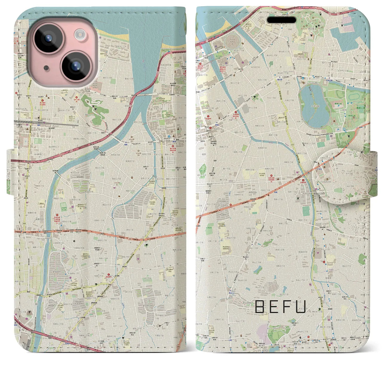 【別府(福岡県)】地図柄iPhoneケース(手帳タイプ)ナチュラル・iPhone 15 Plus 用