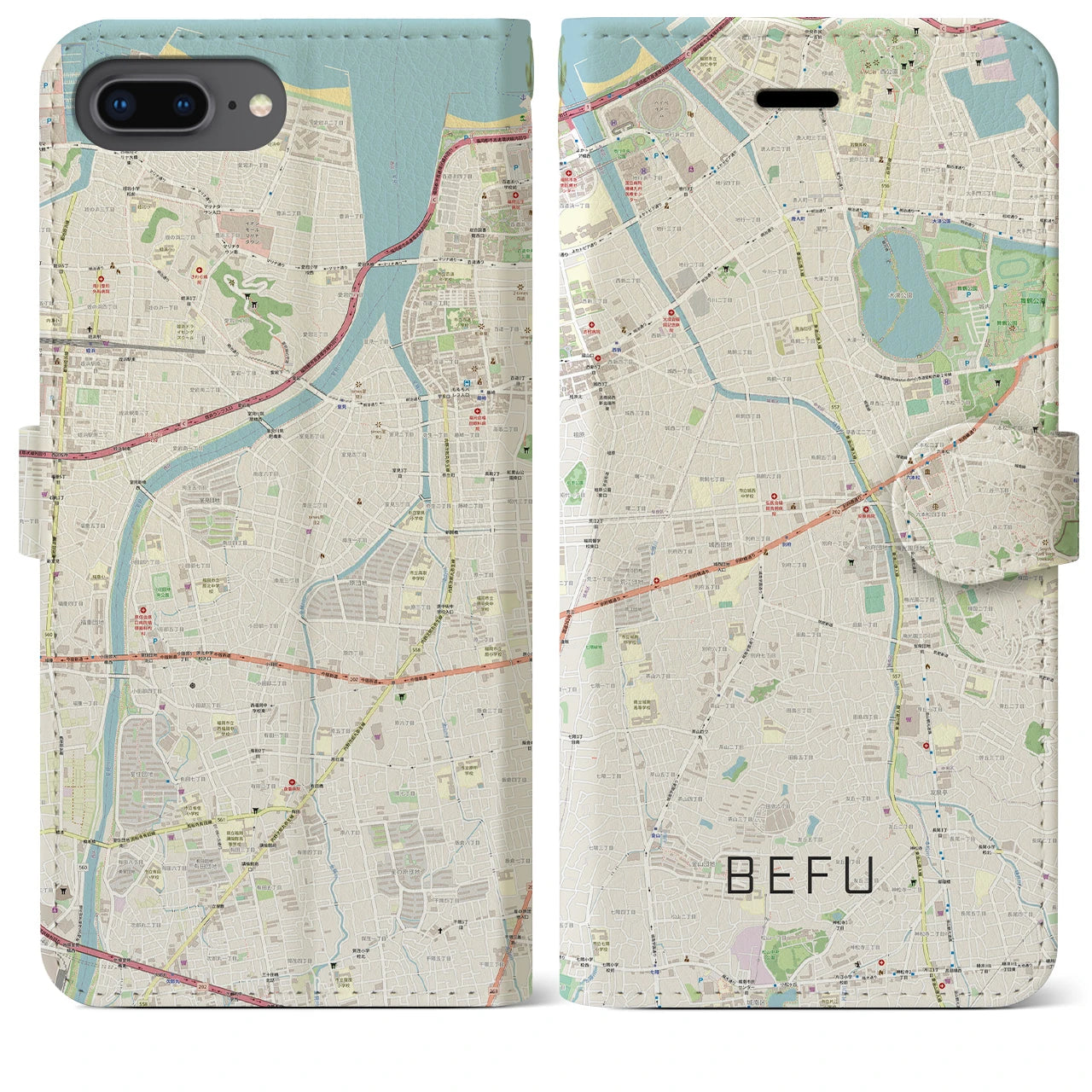 【別府(福岡県)】地図柄iPhoneケース(手帳タイプ)ナチュラル・iPhone 8Plus /7Plus / 6sPlus / 6Plus 用