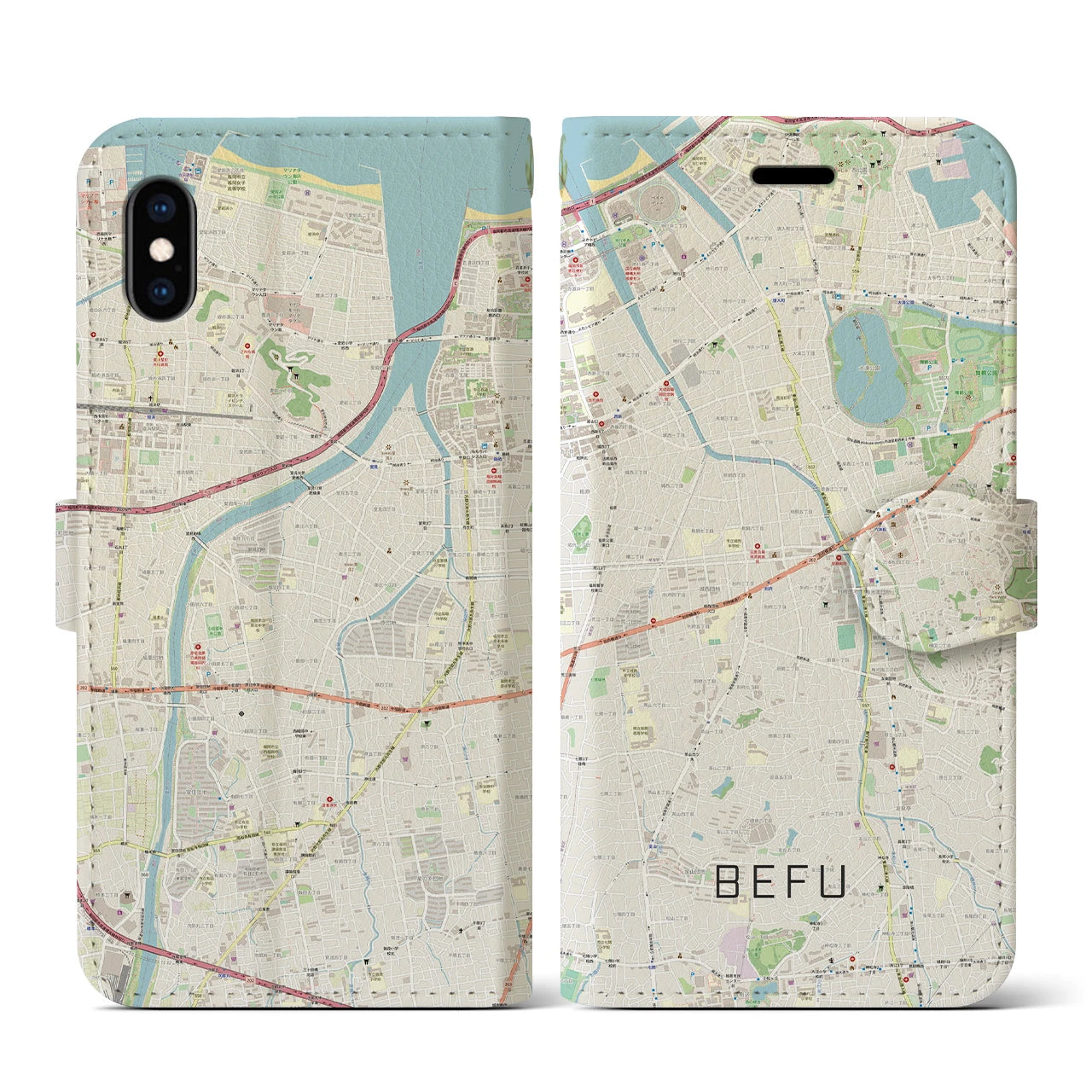 【別府(福岡県)】地図柄iPhoneケース(手帳タイプ)ナチュラル・iPhone XS / X 用
