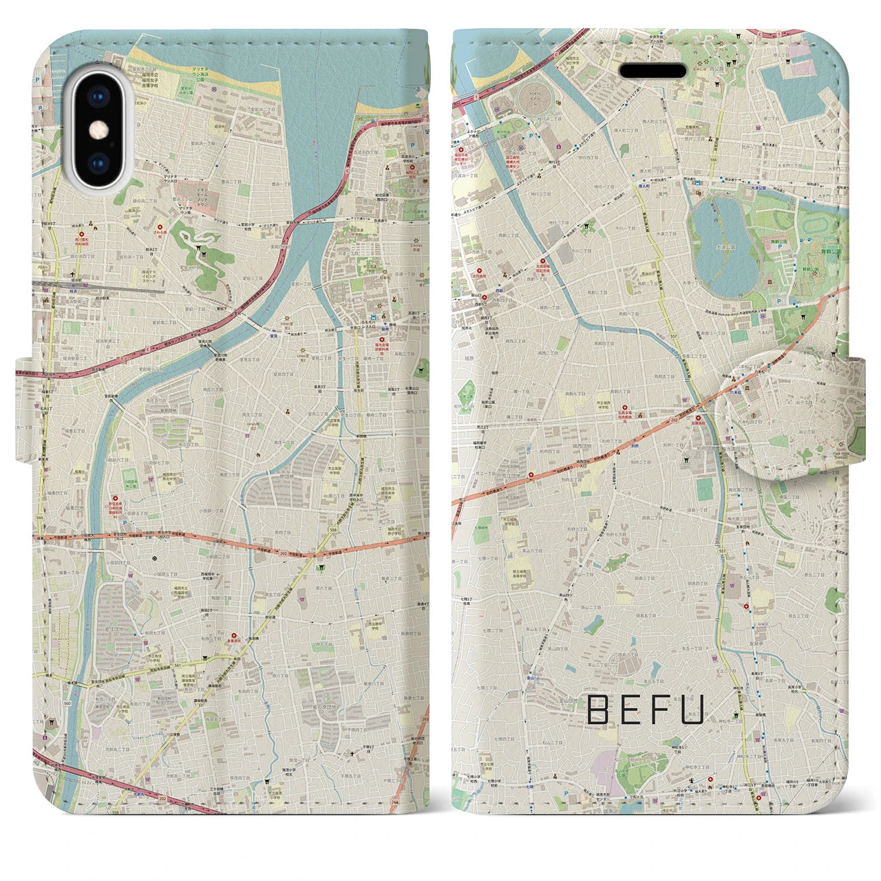 【別府(福岡県)】地図柄iPhoneケース(手帳タイプ)ナチュラル・iPhone XS Max 用