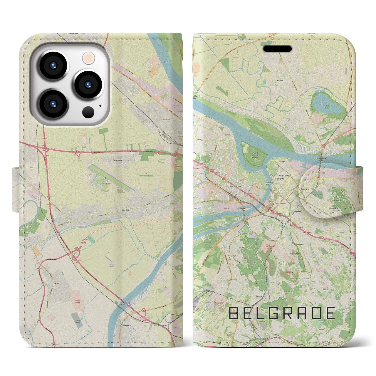 【ベオグラード(セルビア)】地図柄iPhoneケース(手帳タイプ)ナチュラル・iPhone 13 Pro 用