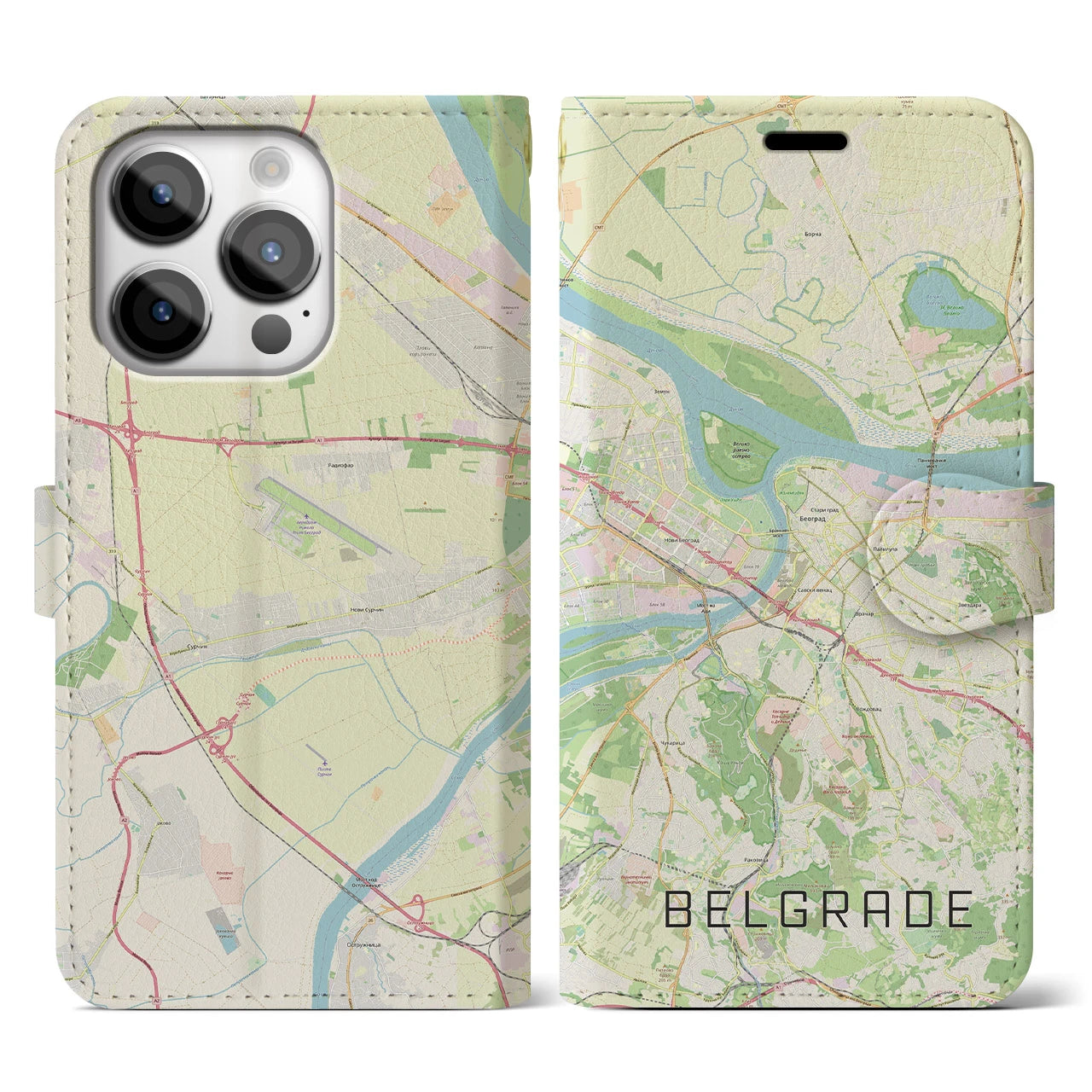 【ベオグラード(セルビア)】地図柄iPhoneケース(手帳タイプ)ナチュラル・iPhone 14 Pro 用