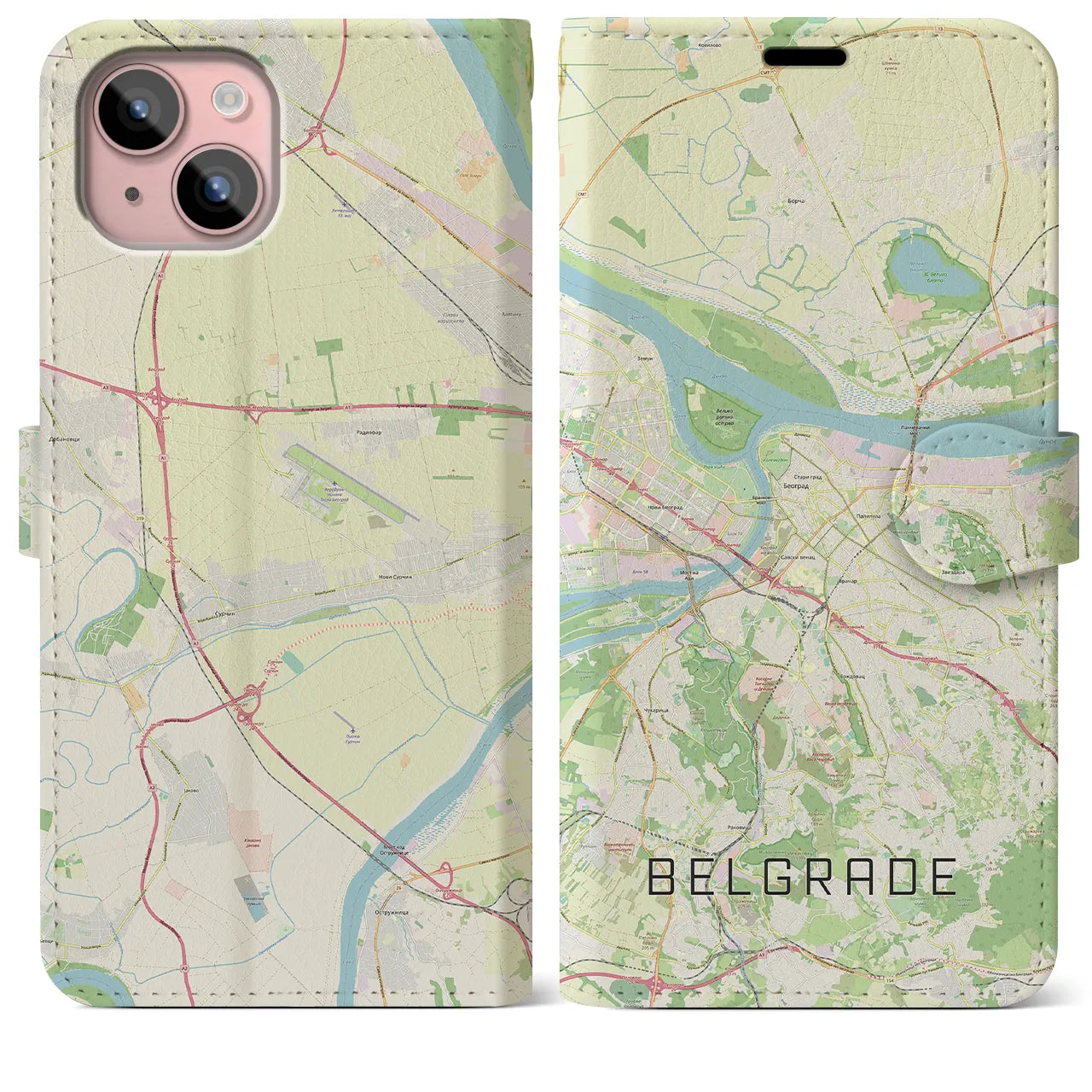 【ベオグラード(セルビア)】地図柄iPhoneケース(手帳タイプ)ナチュラル・iPhone 15 Plus 用