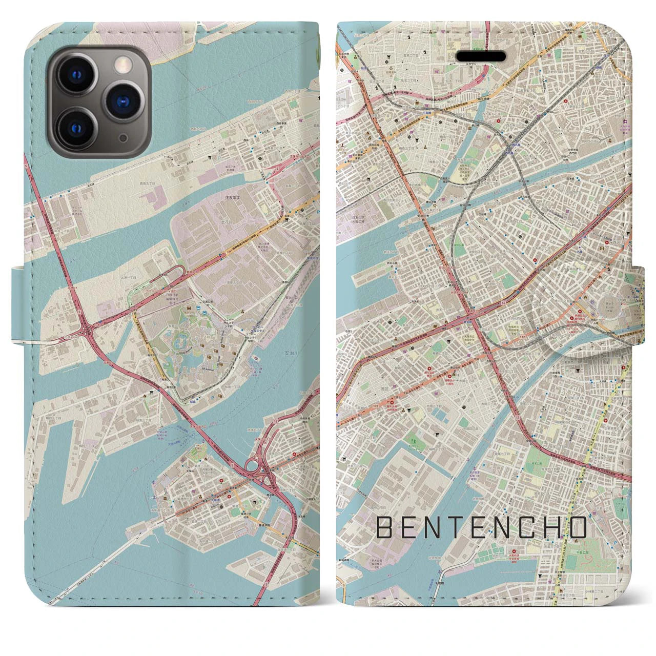 【弁天町(大阪府)】地図柄iPhoneケース(手帳タイプ)ナチュラル・iPhone 11 Pro Max 用