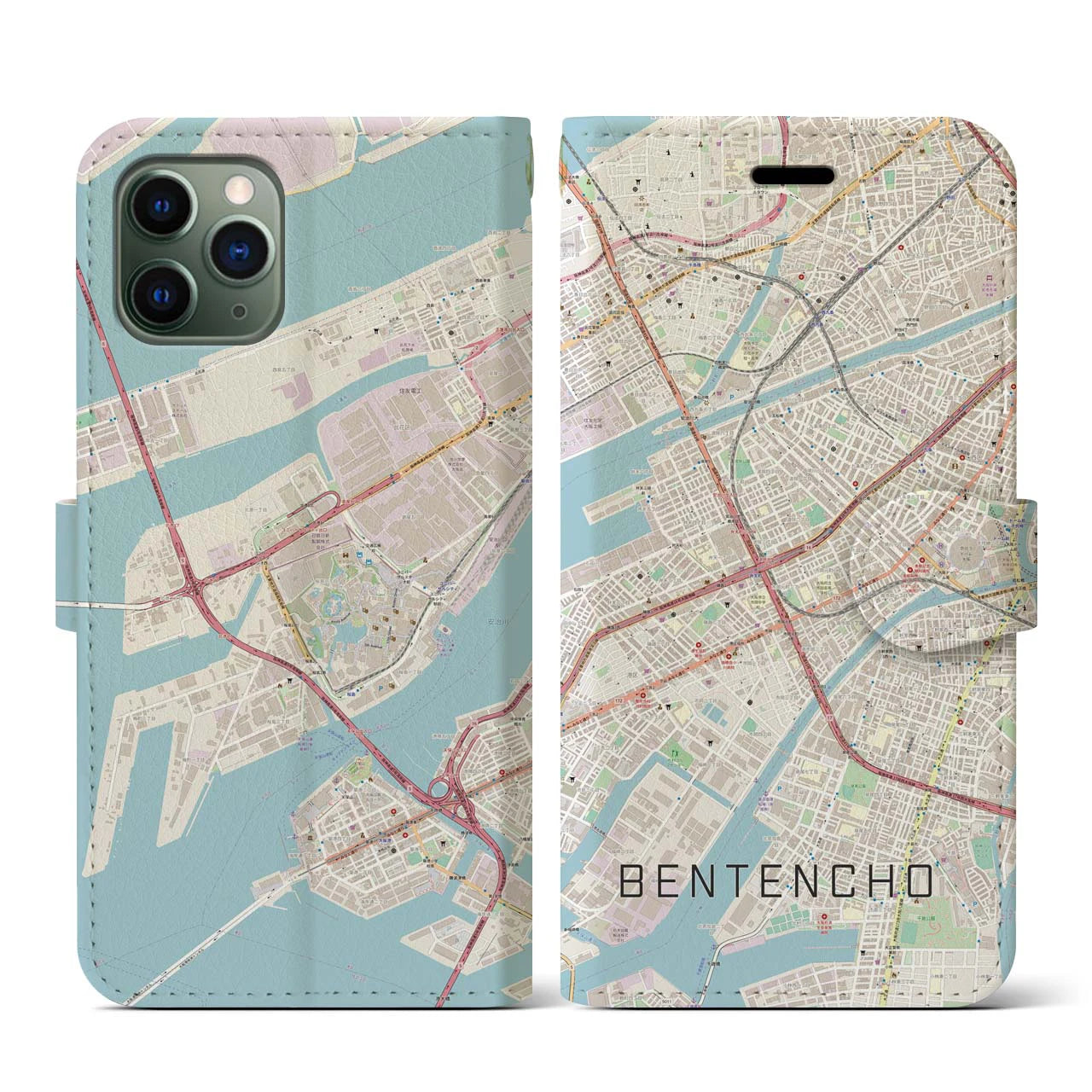 【弁天町(大阪府)】地図柄iPhoneケース(手帳タイプ)ナチュラル・iPhone 11 Pro 用